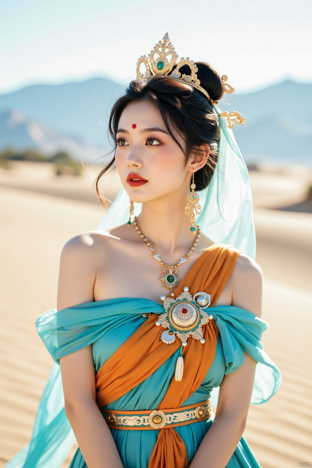 a beautiful Asian woman dressed in a turquoise and gold dress, adorned with a crown on her head. Her hair is styled in a sleek bob, adding a touch of beauty to her face. Her eyes are adorned with red lipstick. Her dress is adorned with an orange sash, adorned in a intricate design. Her earrings, a necklace, and a pair of dangling earrings are encircled by a blue ribbon. The backdrop is a sandy beach, with a mountain range in the distance. The sky is a pale blue, with no clouds, adding to the overall composition.