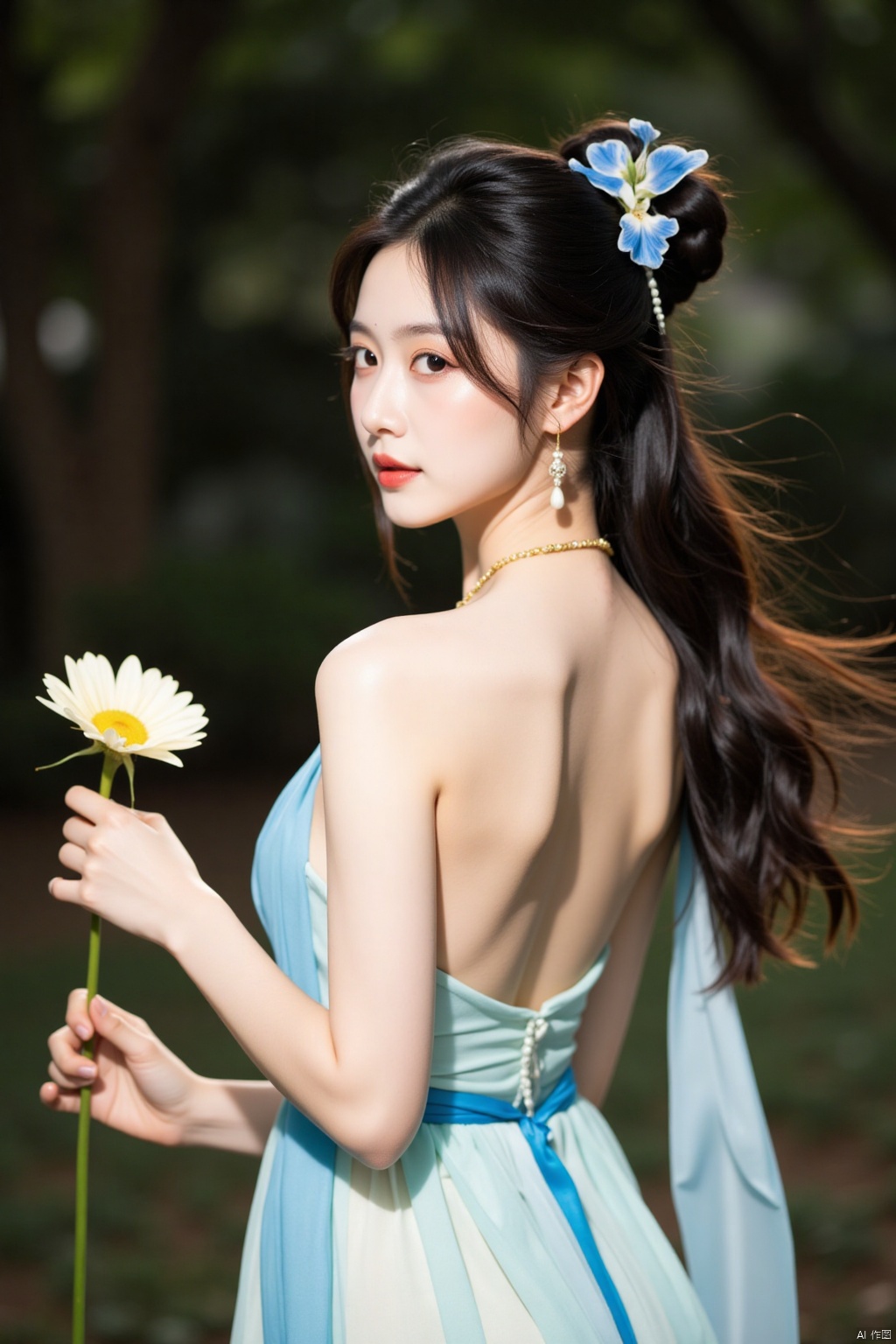 a beautiful Asian woman stands with her back to the viewer. She is dressed in a flowing flowing dress, adorned with a blue sash and a gold necklace. Her hair is styled in a ponytail, adding a touch of beauty to her outfit. The woman's hair is pulled back, cascading down to her shoulders. She holds a pale yellow flower in her left hand, her right hand is wrapped around the stem of the flower. The backdrop is blurred, creating a stark contrast to the woman's dress.