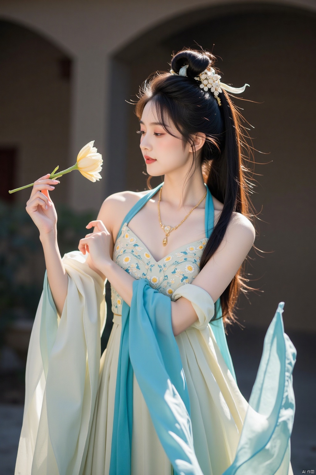 a beautiful Asian woman stands with her back to the viewer. She is dressed in a flowing flowing dress, adorned with a blue sash and a gold necklace. Her hair is styled in a ponytail, adding a touch of beauty to her outfit. The woman's hair is pulled back, cascading down to her shoulders. She holds a pale yellow flower in her left hand, her right hand is wrapped around the stem of the flower. The backdrop is blurred, creating a stark contrast to the woman's dress.