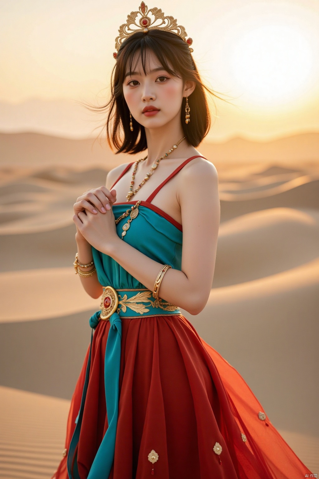 a beautiful Asian woman stands in a stunning pose, adorned with a crown on her head. She is dressed in a turquoise and red gown, adorned by a gold belt adorned with intricate embroidery. Her hair is styled in a sleek bob, and her bangs are adorned with gold bracelets. The backdrop is a sandy beach, with the sun setting in the distance, adding a touch of warmth to the scene.