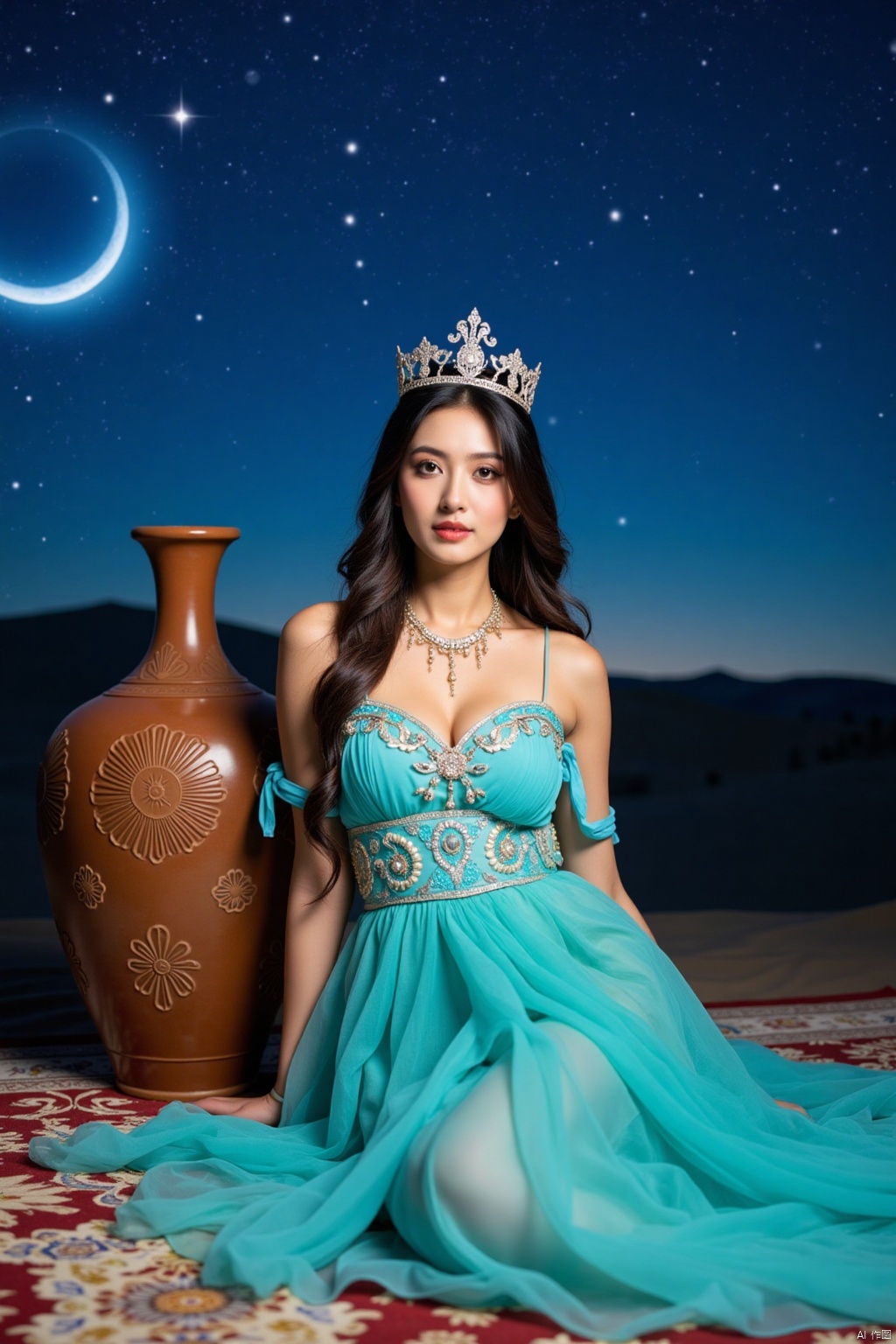 a beautiful woman, dressed in a turquoise dress, adorned with a crown, is seated on a carpeted floor. The woman's hair is long, cascading down her shoulders, adding a touch of beauty to the scene. The backdrop, a vibrant blue sky, is adorned with white stars, creating a stark contrast to the woman's dress. To the left of the woman, a brown vase with intricate carvings is positioned on the floor, adding depth to the composition.