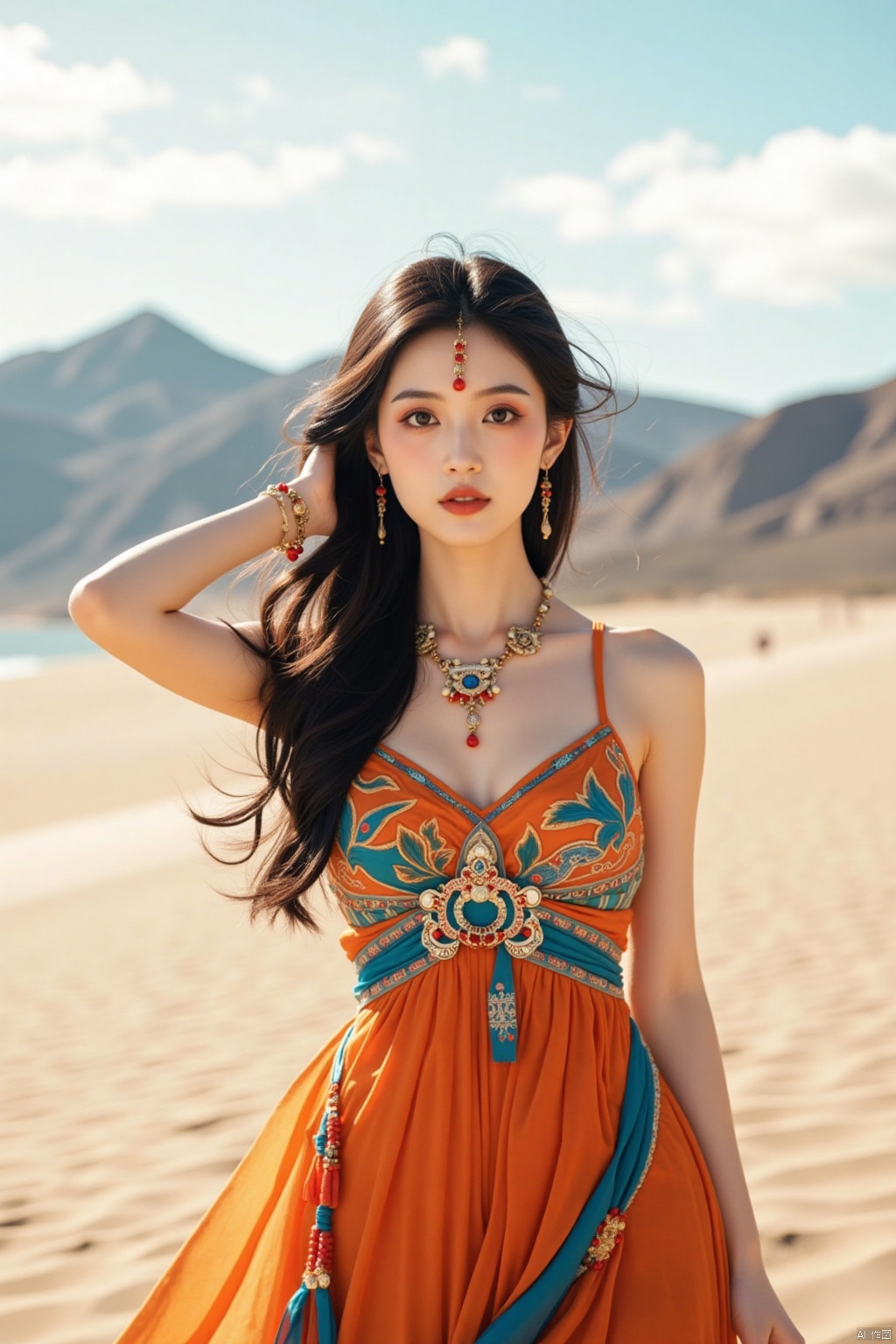 a beautiful Asian woman stands in a stunning pose. She is dressed in a vibrant orange and blue dress, adorned with a necklace and earrings. Her hair is long and cascades over her shoulders, adding a touch of beauty to her face. The woman's eyes are adorned with red and gold decorations. The backdrop is a sandy beach, with a mountain range in the distance. The sky is a pale blue, with wispy clouds.