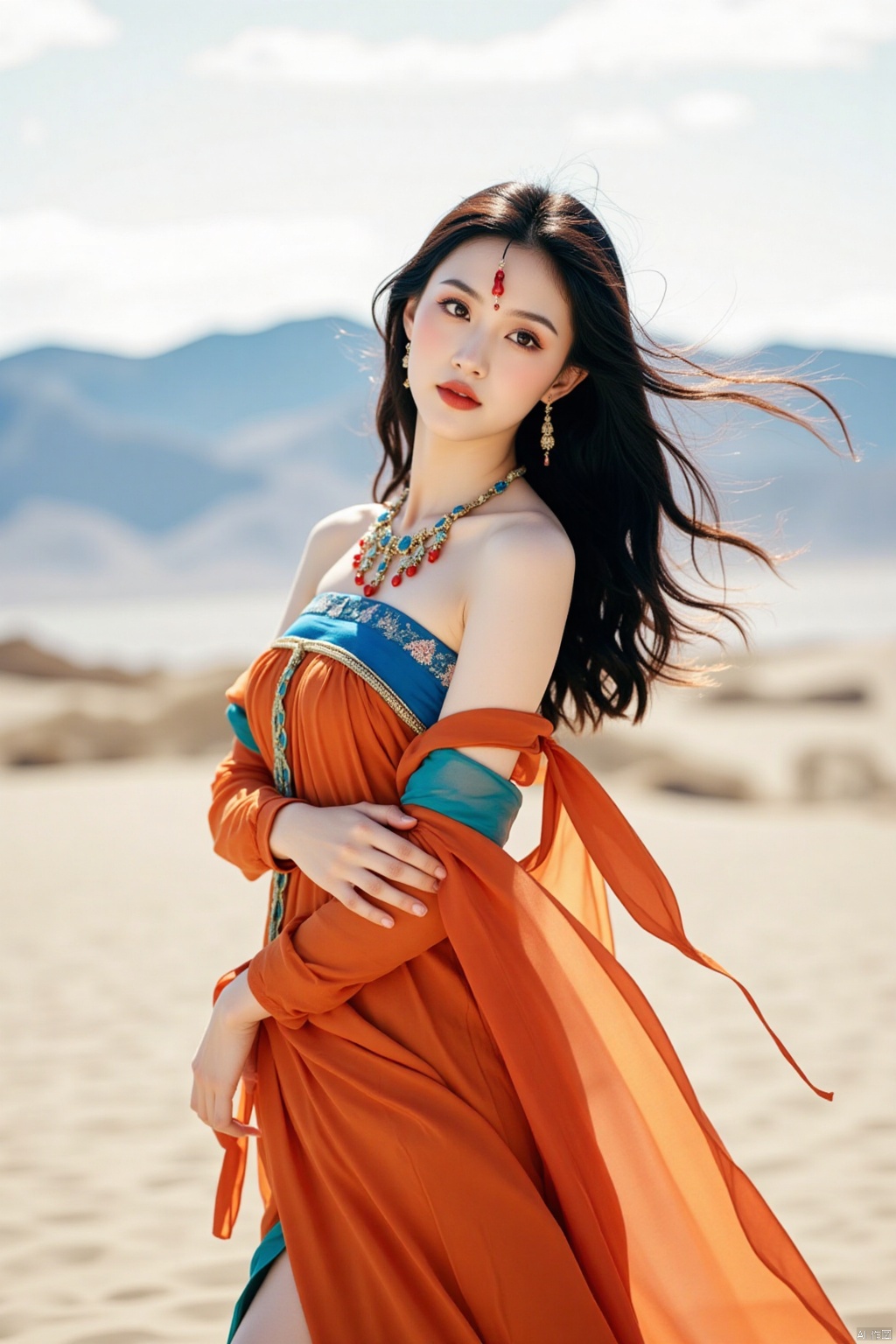 a beautiful Asian woman stands in a stunning pose. She is dressed in a vibrant orange and blue dress, adorned with a necklace and earrings. Her hair is long and cascades over her shoulders, adding a touch of beauty to her face. The woman's eyes are adorned with red and gold decorations. The backdrop is a sandy beach, with a mountain range in the distance. The sky is a pale blue, with wispy clouds.