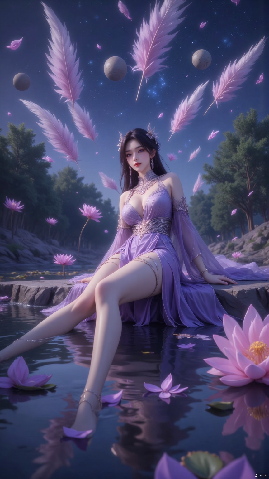 Aiming, DSLR quality, depth of field, at_viewer, dynamic poses, rich expressions, friendly smile, 1 girl, 8k resolution, masterpiece quality, high details. Shot from below, low angle shot, fantasy theme, cropped. {(1 girl: 1.5), alone, long hair, black hair, wearing hair accessories, wearing a dress, sitting, full body, her huge breasts can barely be contained by the clothes, (closer to the audience: 1.8), (see Looking at the audience: 2), beautiful face, ((worm-eye shot: 1.2)), perspective distortion}, (panoramic, fisheye lens effect: 1.1). {(Strong backlight, underexposure: 1.4), (Occlusion shadow: 0.8), Depth of field (100mm focal length: 1.2)}, (Horizontal line: 0.7), low-key earth. The feathers of the starry sky blend into the background, creating a sense of depth and gradient color. Combined with the Droste effect (endless repetition and reflection: 1.2). Show legs, long legs, beautiful legs. Pond, night, lotus leaves, lotus flowers, huge celestial bodies, deep blue atmosphere. Surrounded by fluttering petals, reflecting or casting dramatic shadows and highlights, {(Meteor Shower, Planets: 1.1), (Comet Vermilion: 1.3)}. Mesmerizing effect, dreamy atmosphere. The background is blurred, the swirl of petals, the swirl of stars.