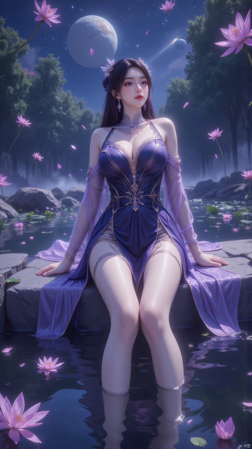 Aiming, DSLR quality, depth of field, at_viewer, dynamic poses, rich expressions, friendly smile, 1 girl, 8k resolution, masterpiece quality, high details. Shot from below, low angle shot, fantasy theme, cropped. {(1 girl: 1.5), alone, long hair, black hair, wearing hair accessories, wearing a dress, sitting, full body, her huge breasts can barely be contained by the clothes, (closer to the audience: 1.8), (see Looking at the audience: 2), beautiful face, ((worm-eye shot: 1.2)), perspective distortion}, (panoramic, fisheye lens effect: 1.1). {(Strong backlight, underexposure: 1.4), (Occlusion shadow: 0.8), Depth of field (100mm focal length: 1.2)}, (Horizontal line: 0.7), low-key earth. The feathers of the starry sky blend into the background, creating a sense of depth and gradient color. Combined with the Droste effect (endless repetition and reflection: 1.2). Show legs, long legs, beautiful legs. Pond, night, lotus leaves, lotus flowers, huge celestial bodies, deep blue atmosphere. Surrounded by fluttering petals, reflecting or casting dramatic shadows and highlights, {(Meteor Shower, Planets: 1.1), (Comet Vermilion: 1.3)}. Mesmerizing effect, dreamy atmosphere. The background is blurred, the swirl of petals, the swirl of stars.