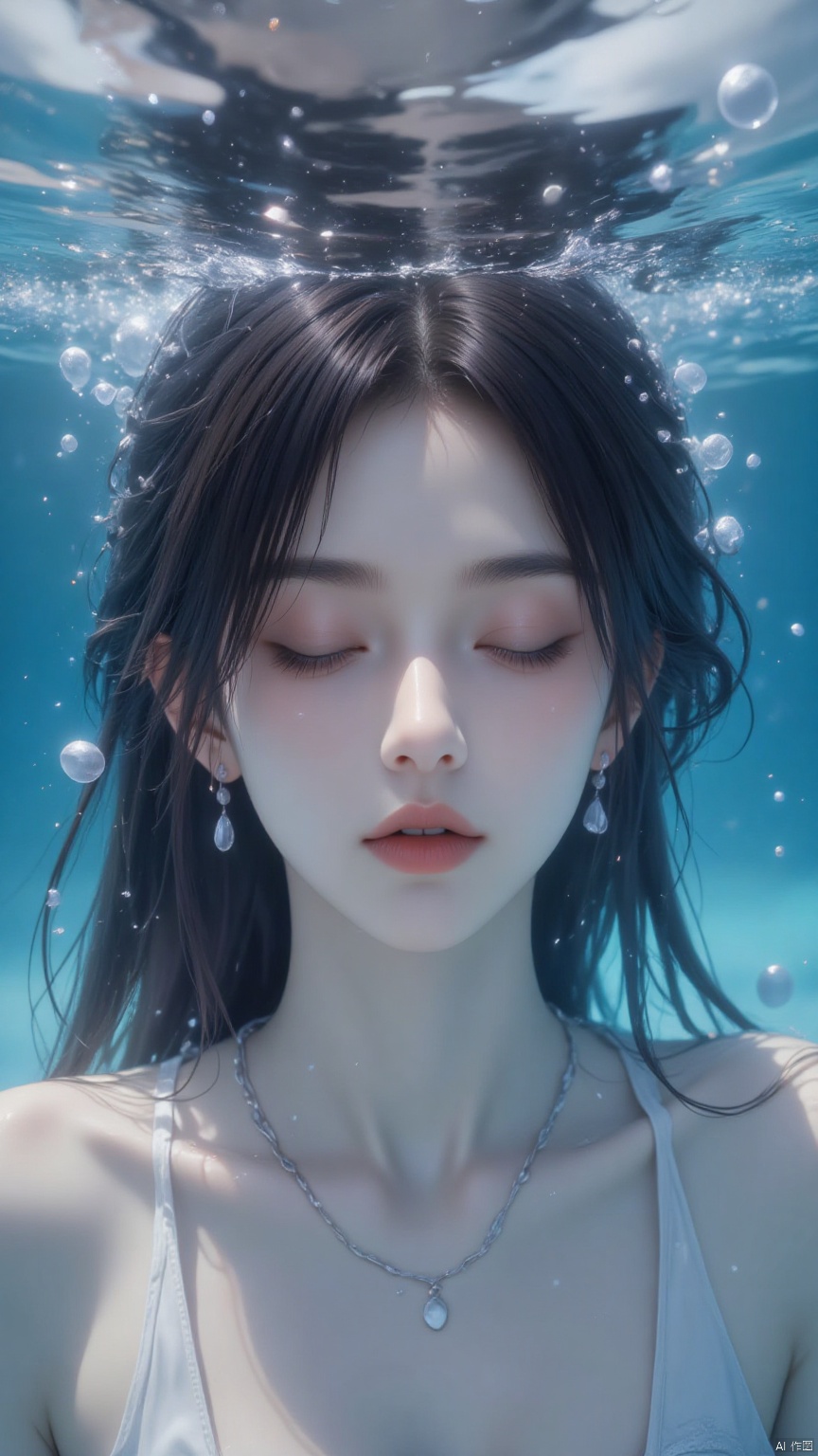 Eye level view of female face visible underwater
Her hair fell over her shoulders. her eyes are closed
Her lips parted slightly. The woman's head was covered with water droplets.
The water was a deep blue, with bubbles floating around her, surrounded by bubbles, swirls of bubbles. Light blue background, dark blue atmosphere, blurred background, dynamic pose
There are white clouds in the distance