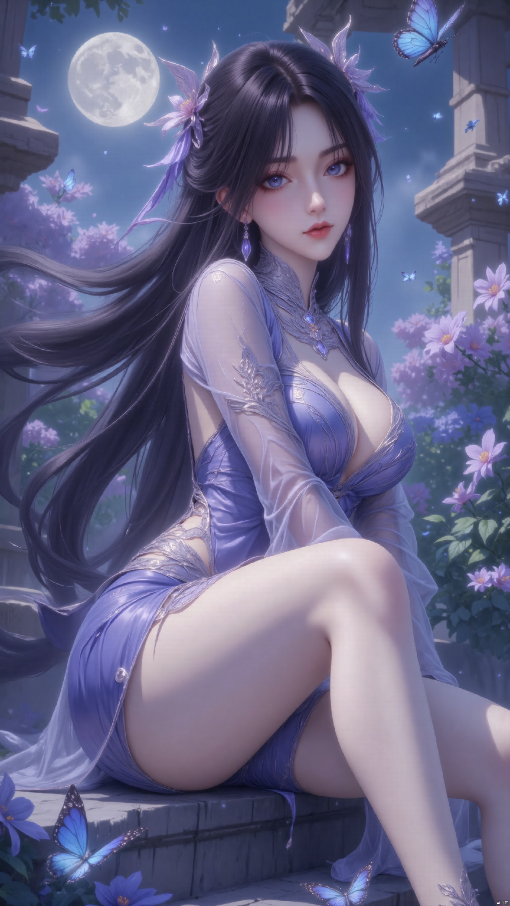 masterpiece, best quality, high quality, (colorful), big breasts, (brunette: 1.4), (long legs: 1.3), (thin legs: 1.3), 1 girl, solo, long hair, looking at viewer, seated , smile, bangs, blue eyes, hair accessory, long sleeves, dress, closed mouth, flower, sky, hair flowers, blunt bangs, from the side, Transparent, gray eyes, night, blue dress, moon, bug, butterfly, night sky, full moon, blue flowers, stairs, blue butterfly, low angle shot, blurred background, dynamic pose.