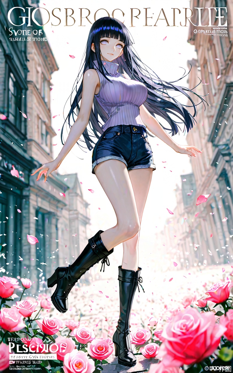 chutian,1girl,hyuuga hinata,solo,boots,long hair,breasts,petals,shorts,flower,large breasts,blunt bangs,black hair,black footwear,white eyes,purple eyes,no_pupils,looking at viewer,full body,pink flower,sleeveless,lips,rose,turtleneck,artist name,falling petals,standing on one leg,knee boots,leg up,blurry,sweater,blurry background,hime cut,high heels,standing,smile,pink rose,outdoors,high heel boots,denim,short shorts,denim shorts,bare arms,cover,copyright name,
close-up details,outstanding style,adding a touch of dimension to your images without compromising details,whirls of vapor,iridescent textures,(Anime:1.1),ethereal ambiance,delicate details,magical high-concept,32K UHD,sharp focus,best-quality,masterpiece,golden hour,unconventional supreme masterpiece,masterful details,temperate atmosphere,with a high-end texture,in the style of fashion photography,photography,cover,dynamic angle,dynamic posture,(artist: quasarcake:0.8),extreme aesthetic,(wlop:0.6),(honjou raita, lack, rella:0.5, wanke),masterpiece,best quality,good quality,very aesthetic,absurdres,visual impact,a shot with tension,ultra-high resolution,32K UHD,sharp focus,best-quality,masterpiece,emotionalization,unconventional supreme masterpiece,masterful details,temperate atmosphere,with a high-end texture,in the style of fashion photography,(visual impact:1.2),giving the poster a dynamic and visually striking appearance,impactful picture,official art,colorful,splash of color,movie perspective,masterpiece,best quality,amazing quality,very aesthetic,absurdres,best quality,newest,