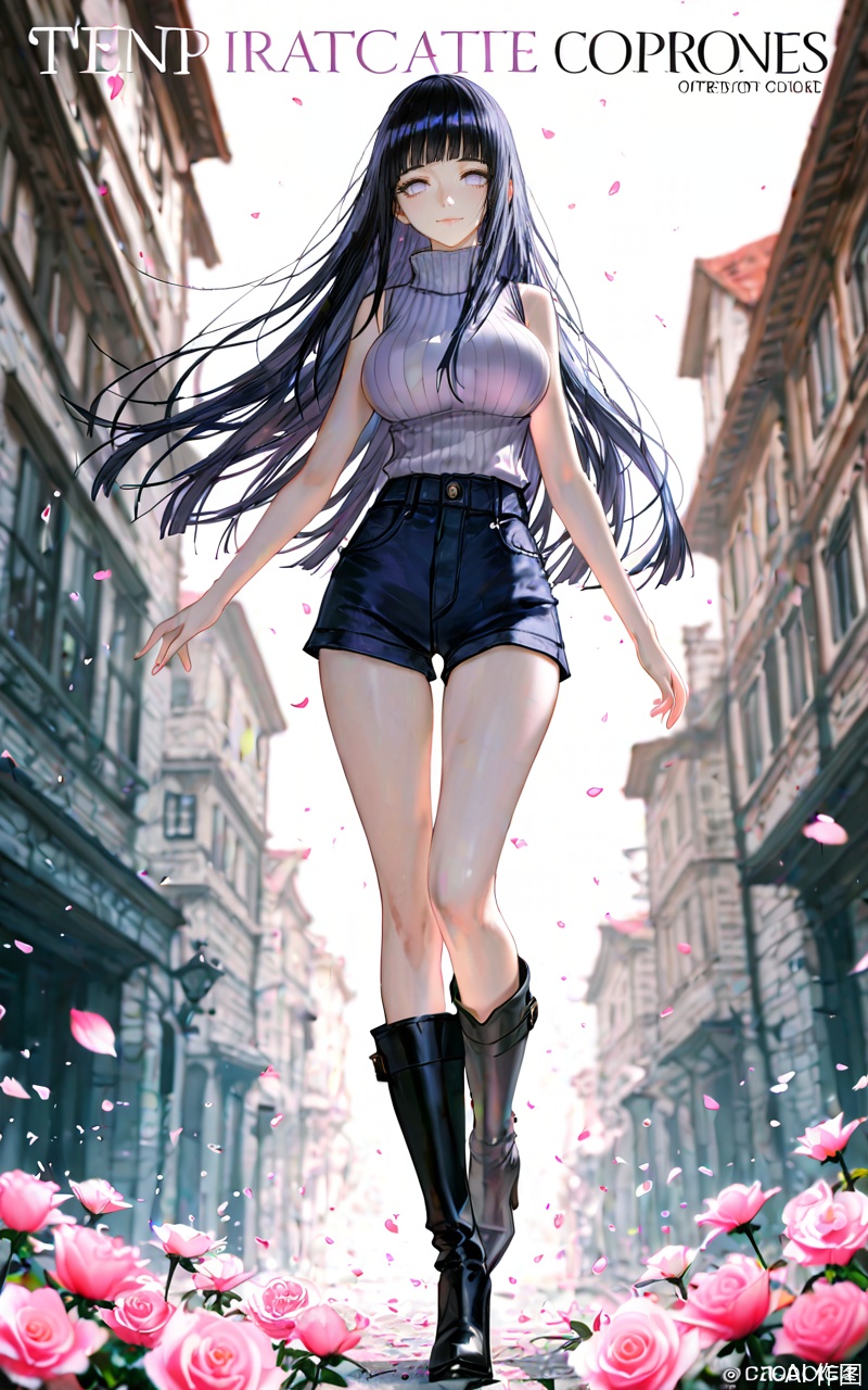 chutian,1girl,hyuuga hinata,solo,boots,long hair,breasts,petals,shorts,flower,large breasts,blunt bangs,black hair,black footwear,white eyes,purple eyes,no_pupils,looking at viewer,full body,pink flower,sleeveless,lips,rose,turtleneck,artist name,falling petals,standing on one leg,knee boots,leg up,blurry,sweater,blurry background,hime cut,high heels,standing,smile,pink rose,outdoors,high heel boots,denim,short shorts,denim shorts,bare arms,cover,copyright name,
close-up details,outstanding style,adding a touch of dimension to your images without compromising details,whirls of vapor,iridescent textures,(Anime:1.1),ethereal ambiance,delicate details,magical high-concept,32K UHD,sharp focus,best-quality,masterpiece,golden hour,unconventional supreme masterpiece,masterful details,temperate atmosphere,with a high-end texture,in the style of fashion photography,photography,cover,dynamic angle,dynamic posture,(artist: quasarcake:0.8),extreme aesthetic,(wlop:0.6),(honjou raita, lack, rella:0.5, wanke),masterpiece,best quality,good quality,very aesthetic,absurdres,visual impact,a shot with tension,ultra-high resolution,32K UHD,sharp focus,best-quality,masterpiece,emotionalization,unconventional supreme masterpiece,masterful details,temperate atmosphere,with a high-end texture,in the style of fashion photography,(visual impact:1.2),giving the poster a dynamic and visually striking appearance,impactful picture,official art,colorful,splash of color,movie perspective,masterpiece,best quality,amazing quality,very aesthetic,absurdres,best quality,newest,