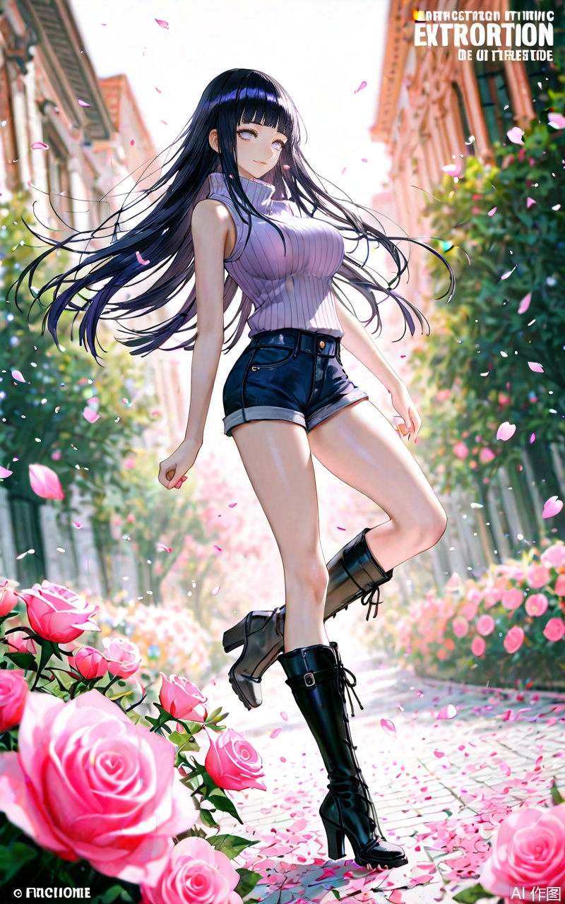 chutian,1girl,hyuuga hinata,solo,boots,long hair,breasts,petals,shorts,flower,large breasts,blunt bangs,black hair,black footwear,white eyes,purple eyes,no_pupils,looking at viewer,full body,pink flower,sleeveless,lips,rose,turtleneck,artist name,falling petals,standing on one leg,knee boots,leg up,blurry,sweater,blurry background,hime cut,high heels,standing,smile,pink rose,outdoors,high heel boots,denim,short shorts,denim shorts,bare arms,cover,copyright name,
close-up details,outstanding style,adding a touch of dimension to your images without compromising details,whirls of vapor,iridescent textures,(Anime:1.1),ethereal ambiance,delicate details,magical high-concept,32K UHD,sharp focus,best-quality,masterpiece,golden hour,unconventional supreme masterpiece,masterful details,temperate atmosphere,with a high-end texture,in the style of fashion photography,photography,cover,dynamic angle,dynamic posture,(artist: quasarcake:0.8),extreme aesthetic,(wlop:0.6),(honjou raita, lack, rella:0.5, wanke),masterpiece,best quality,good quality,very aesthetic,absurdres,visual impact,a shot with tension,ultra-high resolution,32K UHD,sharp focus,best-quality,masterpiece,emotionalization,unconventional supreme masterpiece,masterful details,temperate atmosphere,with a high-end texture,in the style of fashion photography,(visual impact:1.2),giving the poster a dynamic and visually striking appearance,impactful picture,official art,colorful,splash of color,movie perspective,masterpiece,best quality,amazing quality,very aesthetic,absurdres,best quality,newest,