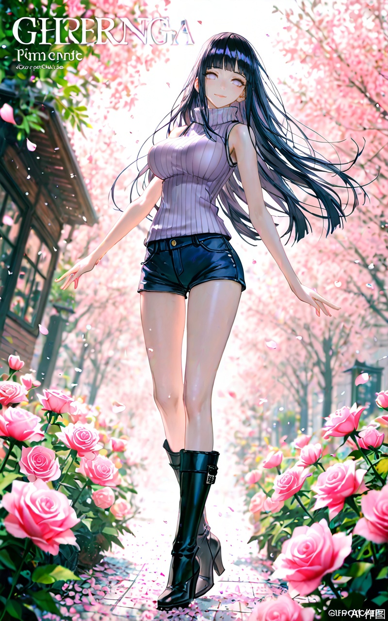 chutian,1girl,hyuuga hinata,solo,boots,long hair,breasts,petals,shorts,flower,large breasts,blunt bangs,black hair,black footwear,white eyes,purple eyes,no_pupils,looking at viewer,full body,pink flower,sleeveless,lips,rose,turtleneck,artist name,falling petals,standing on one leg,knee boots,leg up,blurry,sweater,blurry background,hime cut,high heels,standing,smile,pink rose,outdoors,high heel boots,denim,short shorts,denim shorts,bare arms,cover,copyright name,
close-up details,outstanding style,adding a touch of dimension to your images without compromising details,whirls of vapor,iridescent textures,(Anime:1.1),ethereal ambiance,delicate details,magical high-concept,32K UHD,sharp focus,best-quality,masterpiece,golden hour,unconventional supreme masterpiece,masterful details,temperate atmosphere,with a high-end texture,in the style of fashion photography,photography,cover,dynamic angle,dynamic posture,(artist: quasarcake:0.8),extreme aesthetic,(wlop:0.6),(honjou raita, lack, rella:0.5, wanke),masterpiece,best quality,good quality,very aesthetic,absurdres,visual impact,a shot with tension,ultra-high resolution,32K UHD,sharp focus,best-quality,masterpiece,emotionalization,unconventional supreme masterpiece,masterful details,temperate atmosphere,with a high-end texture,in the style of fashion photography,(visual impact:1.2),giving the poster a dynamic and visually striking appearance,impactful picture,official art,colorful,splash of color,movie perspective,masterpiece,best quality,amazing quality,very aesthetic,absurdres,best quality,newest,