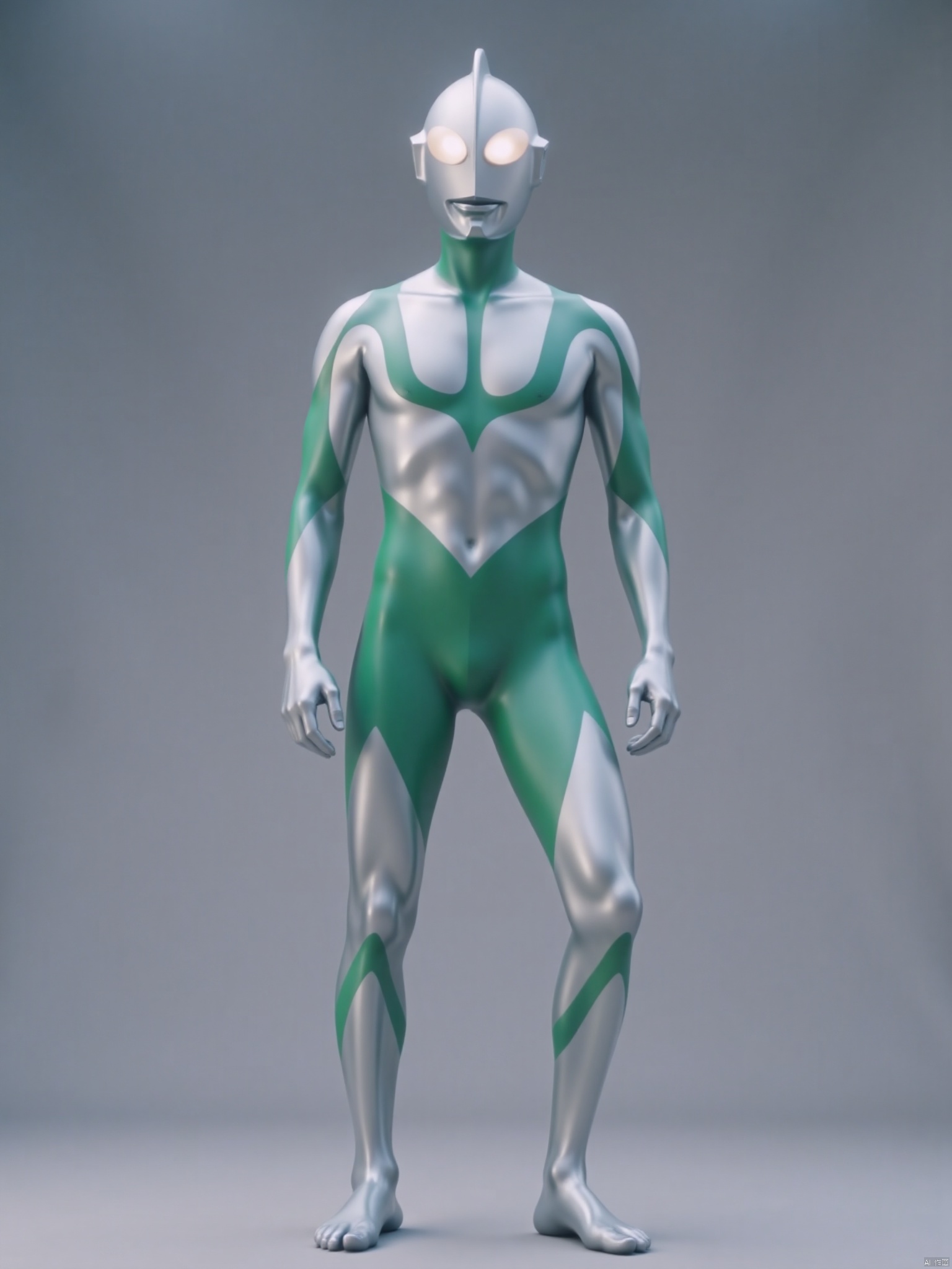 ultraman,silver bodysuit,silver gloves,legwear,gloves,boots,cover,mask,plugsuit,armor,bodysuit,green pattern on body,silver tight-fitting,silver footwear,helmet,leather suit,latex,tokusatsu,no humans,science fiction,silver head,hard mask,no smile,no eyes,no nose,solo,silver rubber bodysuit with green line
