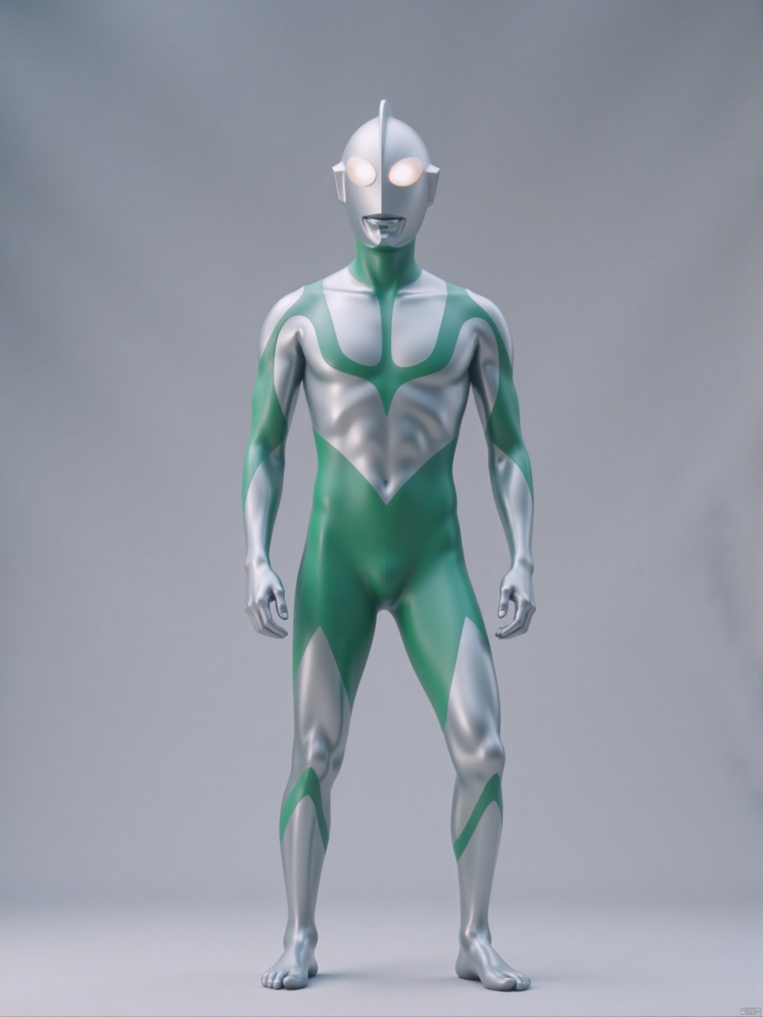 ultraman,silver bodysuit,silver gloves,legwear,gloves,boots,cover,mask,plugsuit,armor,bodysuit,green pattern on body,silver tight-fitting,silver footwear,helmet,leather suit,latex,tokusatsu,no humans,science fiction,silver head,hard mask,no smile,no eyes,no nose,solo,silver rubber bodysuit with green line