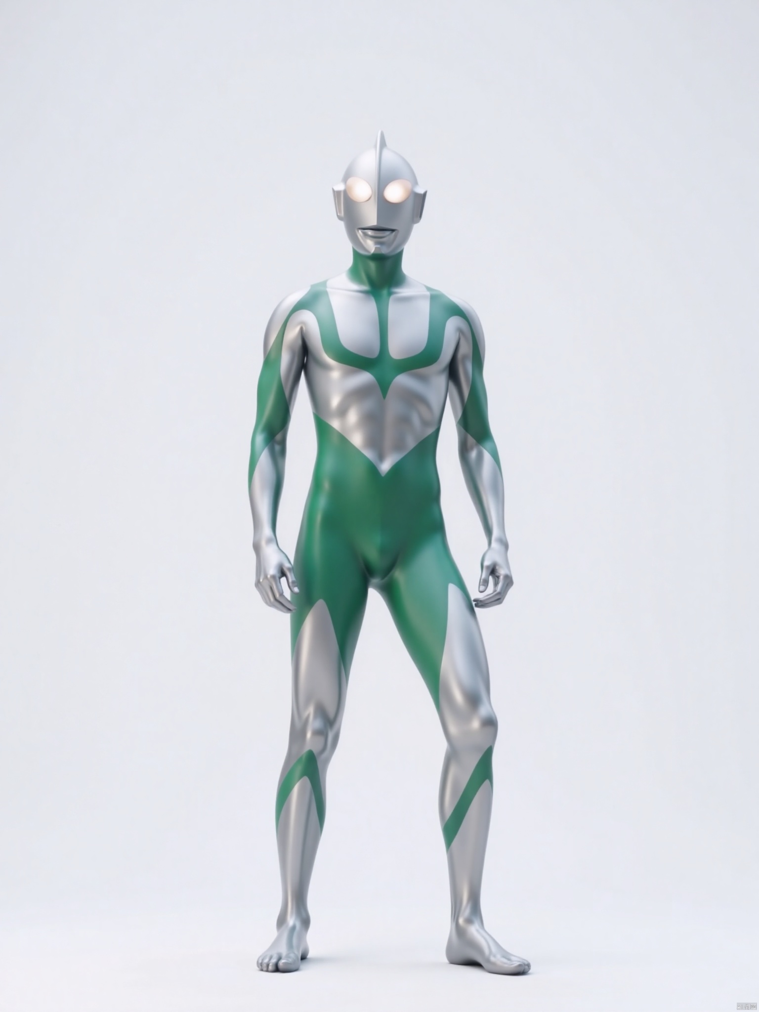 ultraman,silver bodysuit,silver gloves,legwear,gloves,boots,cover,mask,plugsuit,armor,bodysuit,green pattern on body,silver tight-fitting,silver footwear,helmet,leather suit,latex,tokusatsu,no humans,science fiction,silver head,hard mask,no smile,no eyes,no nose,solo,silver rubber bodysuit with green line