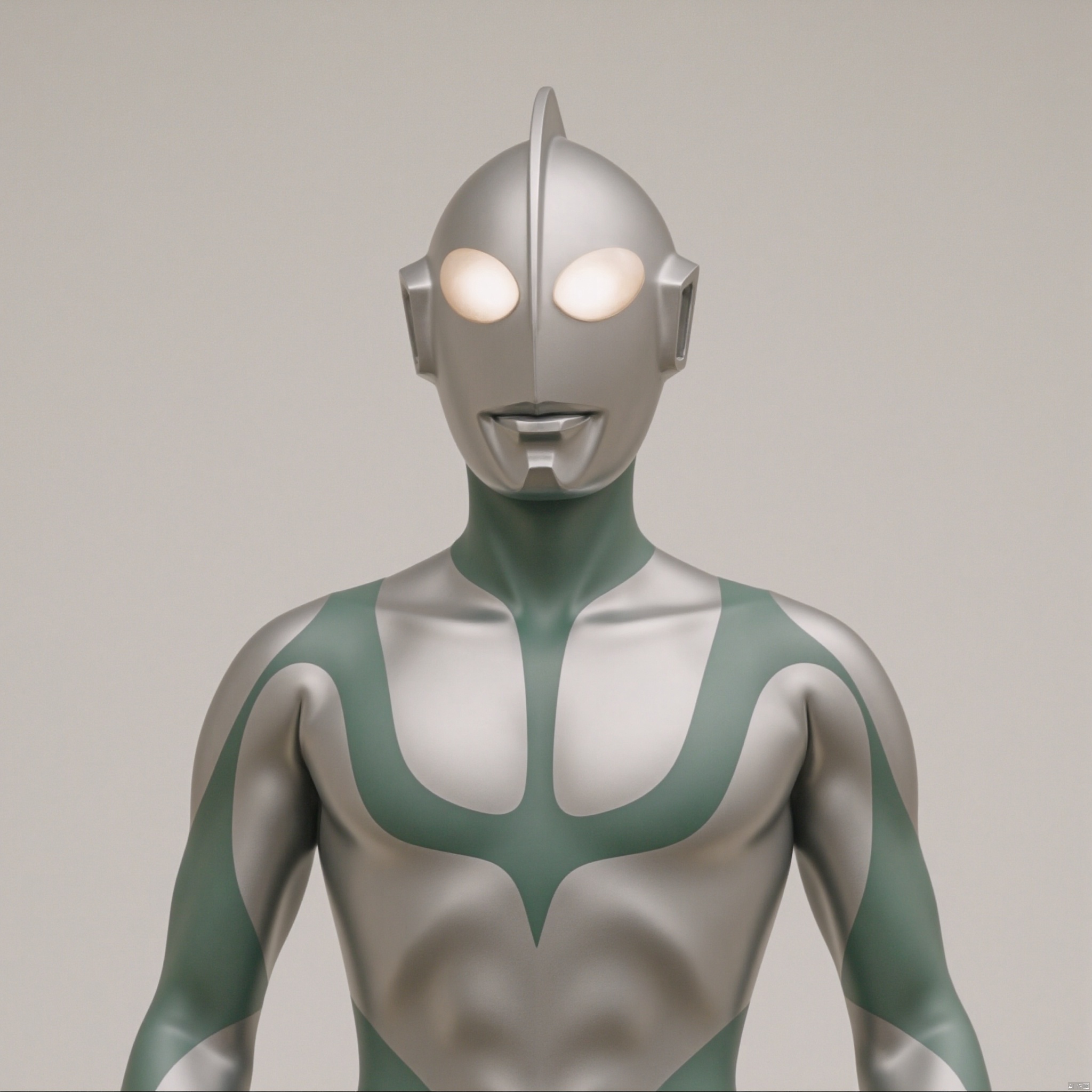 ultraman,silver bodysuit,silver gloves,legwear,gloves,boots,cover,mask,plugsuit,armor,bodysuit,green pattern on body,silver tight-fitting,silver footwear,helmet,leather suit,latex,tokusatsu,no humans,science fiction,silver head,hard mask,no smile,no eyes,no nose,solo,silver rubber bodysuit with green line