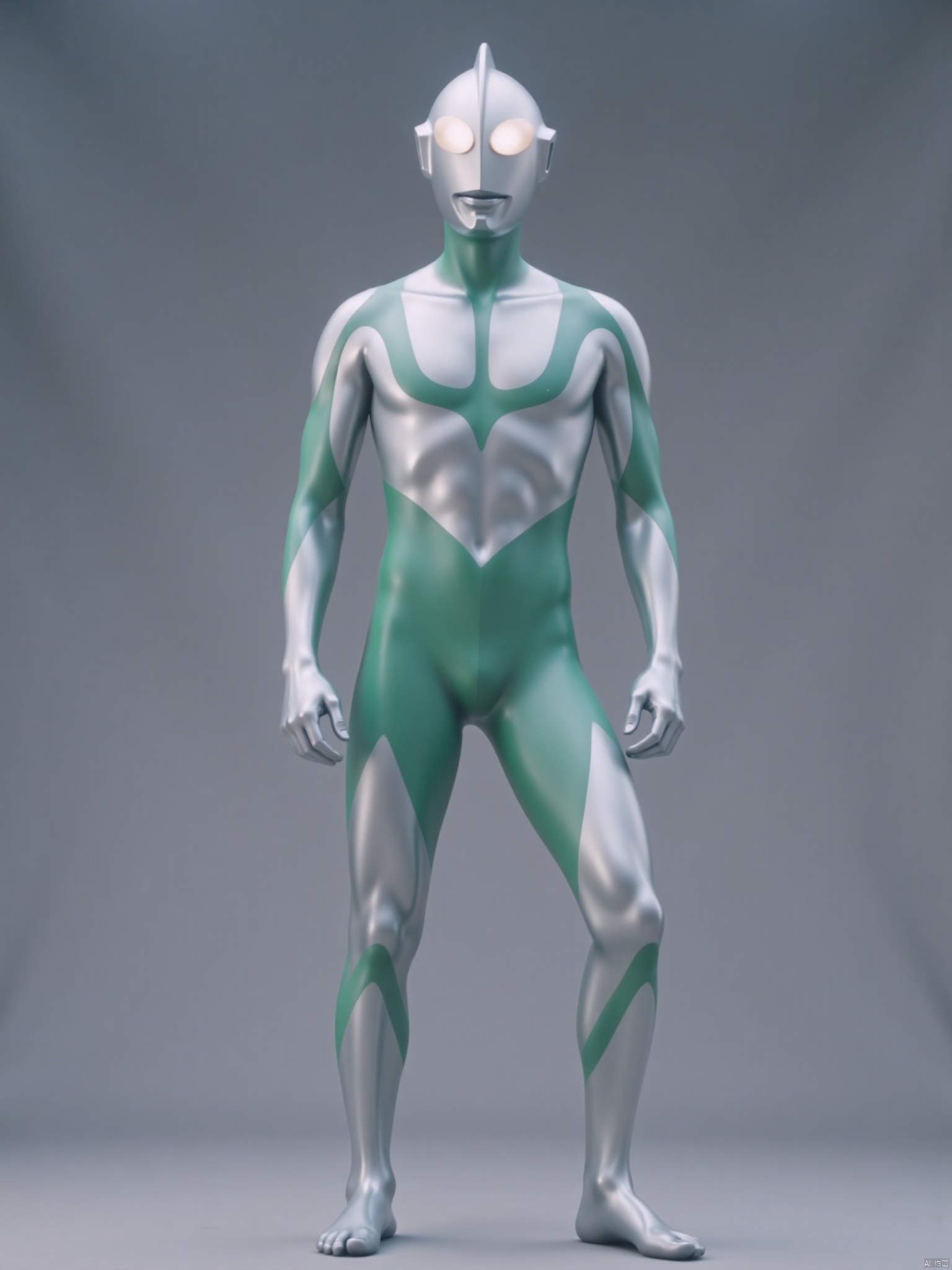 ultraman,silver bodysuit,silver gloves,legwear,gloves,boots,cover,mask,plugsuit,armor,bodysuit,green pattern on body,silver tight-fitting,silver footwear,helmet,leather suit,latex,tokusatsu,no humans,science fiction,silver head,hard mask,no smile,no eyes,no nose,solo,silver rubber bodysuit with green line