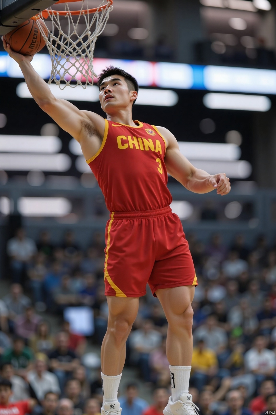 Character:1man,solo,asian,muscular,handsome,slam dunk.
Clothing:Lining red basketball clothes,white socks,white footwear,"CHINA".
Others:from below,indoors,stadium,bright,masterpiece,realistic,best quality,highly detailed,highres,jzns.,sxw