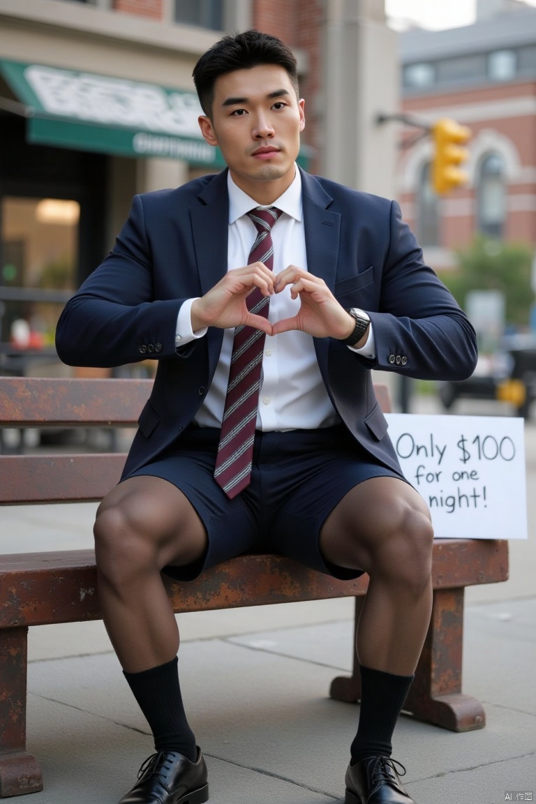 a majestic muscular handsome Asian man, aged 30, wearing a white shirt beneath a dark-blue suit jacket, shorts with a noticeable bulge at the crotch, sheer black stockings, leather shoes, and a long striped burgundy tie, sits on a rusty bench while spreading legs. His twinkling eyes look at the camera as he makes a hand heart gesture, a goofy smile on his chiseled face. The man has neat beard framing his square jawline. Beside him on the bench, a sign reads "only $100 for one night". A starbucks cafe is in the backdrop. The street scene is enveloped in a faint golden glow,masterpiece,realistic,best quality,highly detailed,highres,jzns,sxw