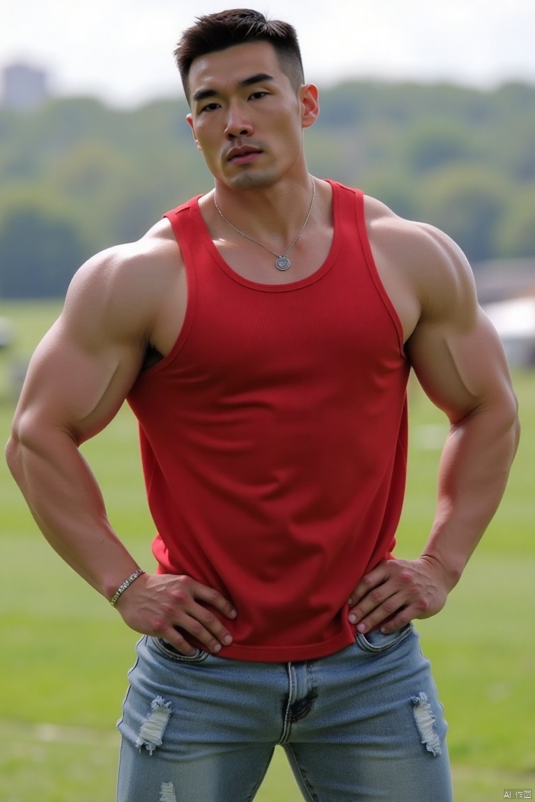 jzns,sxw,1man,solo,realistic,male focus, muscular,huge Pectoral muscles. He is wearing red vest, light - blue, ripped jeans and has a bracelet on his right wrist,necklace,bust,outdoors,masterpiece,realistic,best quality,highly detailed,highres,