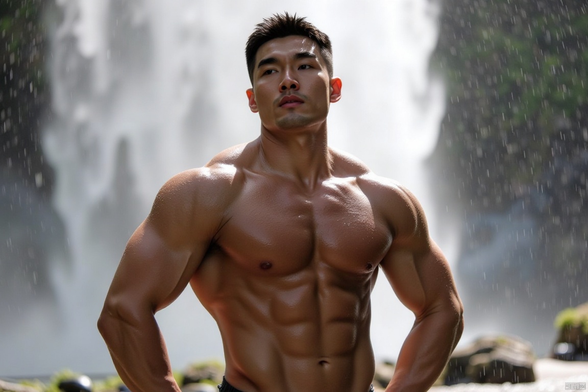 A muscular Asian man stands under a powerful waterfall, water crashing down on his broad shoulders and chest. He grips the wet rocks, his face set in determination, droplets of water running down his chiseled features. The mist from the waterfall fills the air, creating a soft, hazy glow around him. The sunlight breaks through the clouds, casting light on his strong posture, highlighting the thick legs. His gaze is steady, focused on the distance, as the roar of the waterfall echoes around him.,masterpiece,realistic,best quality,highly detailed,highres,jzns,sxw