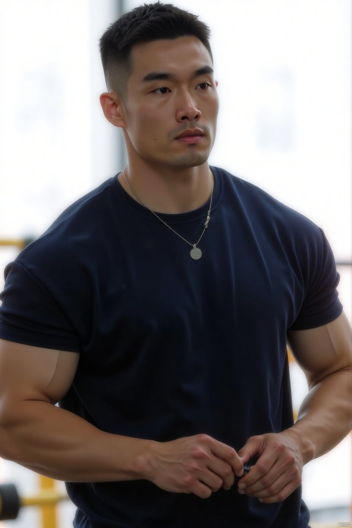 jzns,sxw,1man,solo,realistic,male focus, A muscular man is standing indoors, likely in a gym. He is wearing a navy - blue T - shirt and has a necklace around his neck. He is holding a small object in his right hand.,masterpiece,realistic,best quality,highly detailed,highres,