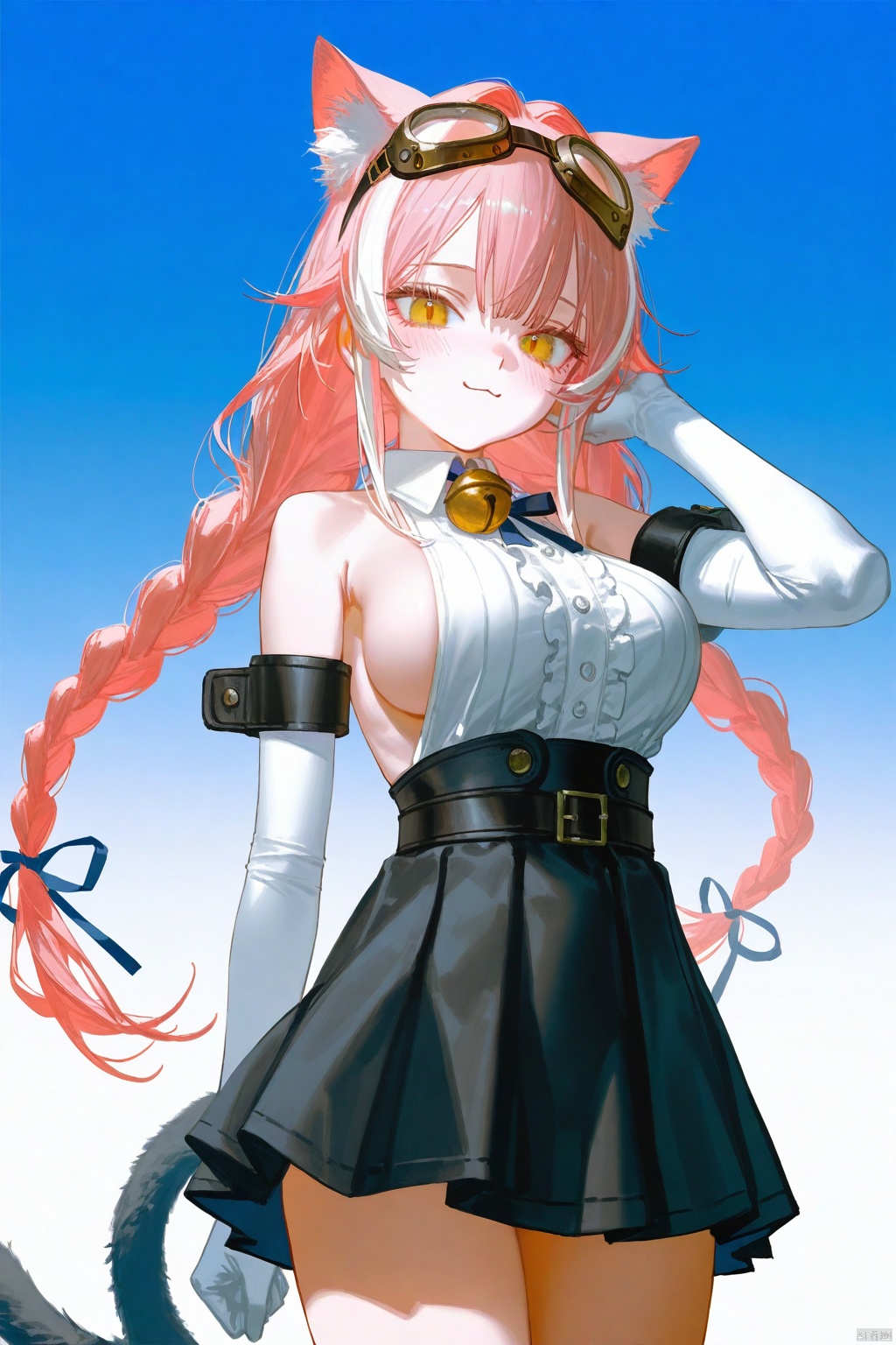 ,{{artist:pottsness}},[[artist:onineko]][[artist:as109]],artist:ciloranko,artist:john kafka,artist:wanke,artist:betabeet,artist:quasarcake,(artist:alphonse \(white datura\):0.3),(artist:fkey:0.1),(artist:konya karasue:0.2),(artist:dino \(dinoartforame\):0.8),(wlop:0.7),1girl,solo,breasts,animal ears,gloves,skirt,braid,twin braids,yellow eyes,large breasts,long hair,white gloves,pink hair,looking at viewer,elbow gloves,goggles,black skirt,shirt,cat ears,tail,bare shoulders,goggles on head,smile,multicolored hair,blush,hair ornament,white shirt,thighs,pleated skirt,sleeveless,center frills,bangs,frills,hair intakes,bell,closed mouth,cowboy shot,sleeveless shirt,belt,eyewear on head,cat tail,ribbon,streaked hair,animal ear fluff,:3,high-waist skirt,jingle bell,cat girl,sideboob,hand up,detached sleeves,miniskirt,hair ribbon,very long hair,white hair,two-tone hair,
