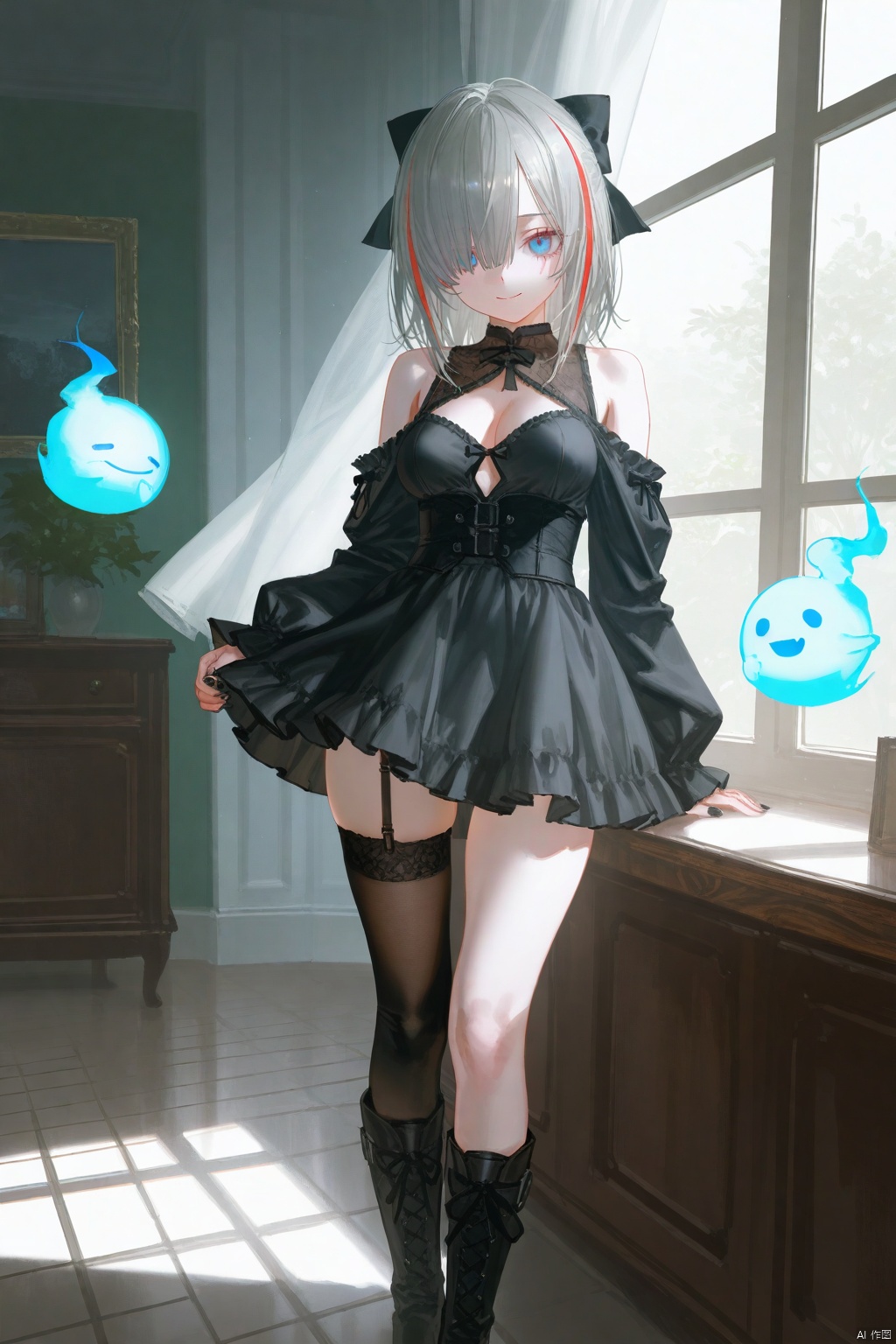 {{artist:pottsness}},[[artist:onineko]][[artist:as109]],artist:ciloranko,artist:john kafka,artist:wanke,artist:betabeet,artist:quasarcake,(artist:alphonse \(white datura\):0.3),(artist:fkey:0.1),(artist:konya karasue:0.2),(artist:dino \(dinoartforame\):0.8),(wlop:0.7),,1girl, thighhighs, breasts, solo, blue eyes, multicolored hair, ghost, cleavage, boots, black footwear, bow, black nails, smile, skirt, looking at viewer, virtual youtuber, black bow, grey hair, frills, streaked hair, hair bow, medium breasts, sleeves past wrists, asymmetrical legwear, medium hair, closed mouth, hair over one eye, black skirt, long sleeves, garter straps, black hair, knee boots, dress, bare shoulders, single thighhigh, indoors, hitodama, black thighhighs, long hair ,masterpiece,best quality,very aesthetic,absurdres