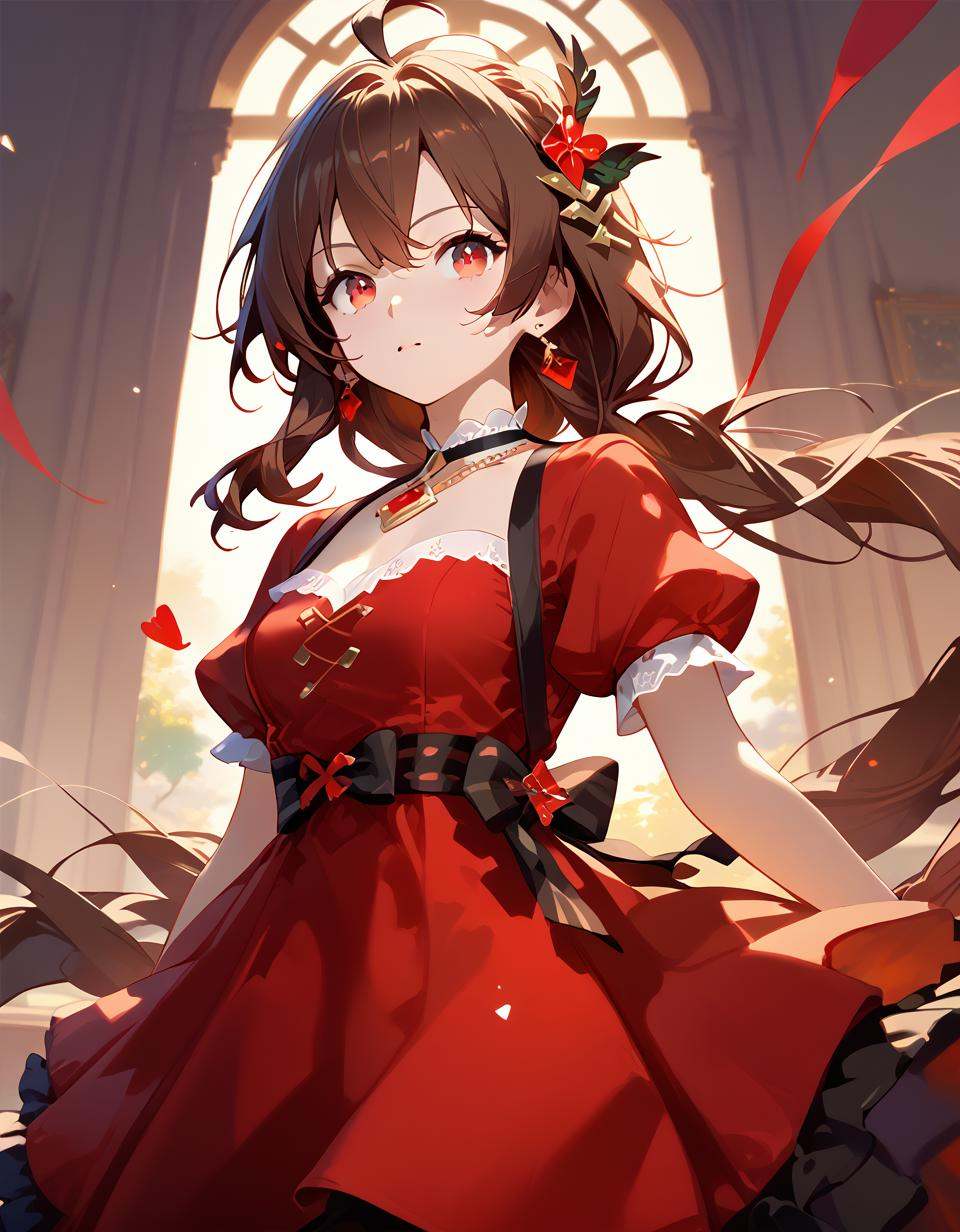 score_9,score_8_up,1girl,score_7_up,{best quality},simple plait,brown hair,red eyes,red dress,