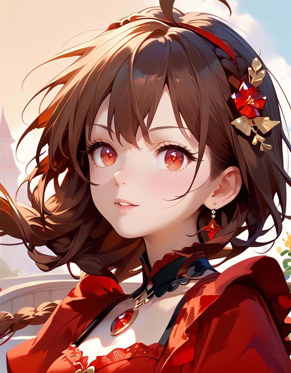 score_9,score_8_up,1girl,score_7_up,{best quality},simple plait,brown hair,red eyes,upper body,red dress