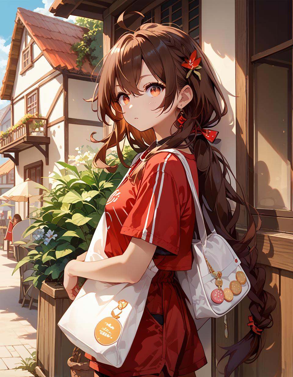 score_9,score_8_up,1girl,score_7_up,{best quality},simple plait,brown hair,red eyes,ahoge,upper body,long hair,shorts,red clothes,full body,standing