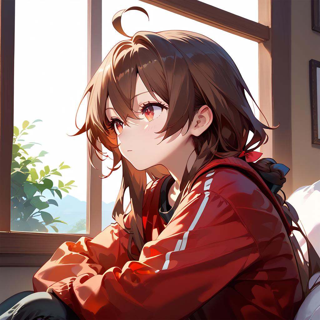 score_9,score_8_up,1girl,score_7_up,{best quality},simple plait,brown hair,red eyes,ahoge,upper body,long hair,shorts,red clothes,sit on windows