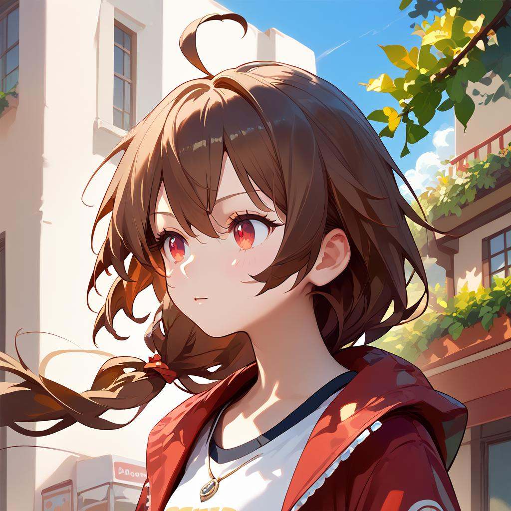 score_9,score_8_up,1girl,score_7_up,{best quality},simple plait,brown hair,red eyes,ahoge,upper body,long hair,shorts,