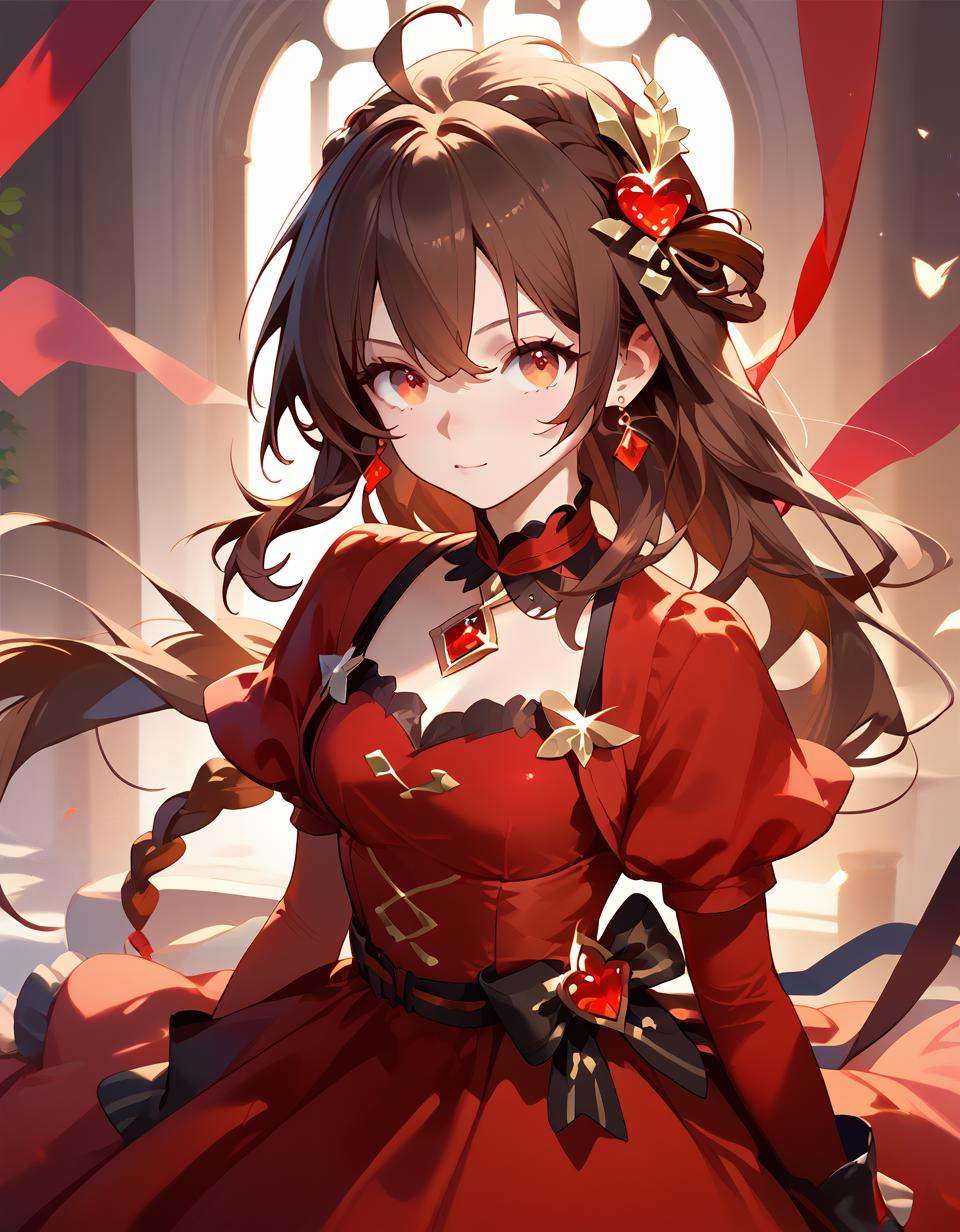 score_9,score_8_up,1girl,score_7_up,{best quality},simple plait,brown hair,red eyes,red dress,