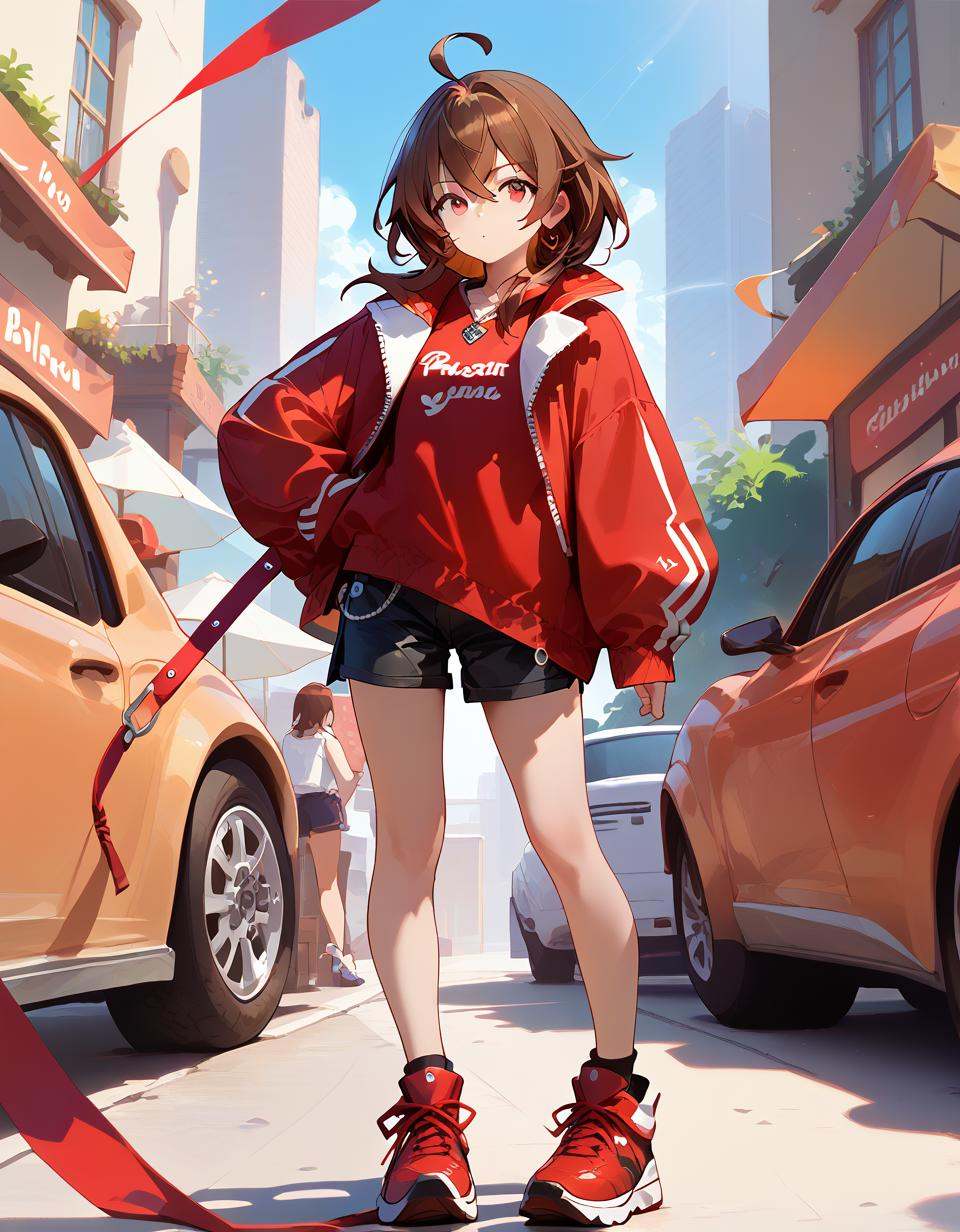 score_9,score_8_up,1girl,score_7_up,{best quality},simple plait,brown hair,red eyes,ahoge,upper body,shorts,red clothes,full body,standing,