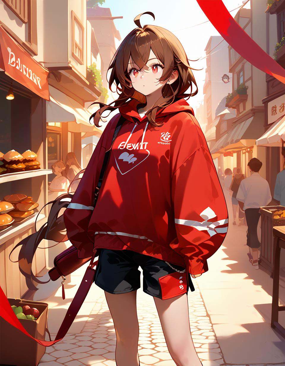 score_9,score_8_up,1girl,score_7_up,{best quality},simple plait,brown hair,red eyes,ahoge,upper body,long hair,shorts,red clothes,full body,standing,