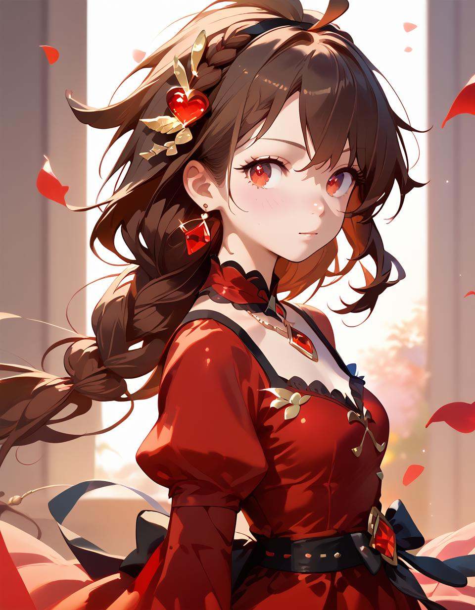 score_9,score_8_up,1girl,score_7_up,{best quality},simple plait,brown hair,red eyes,red dress,