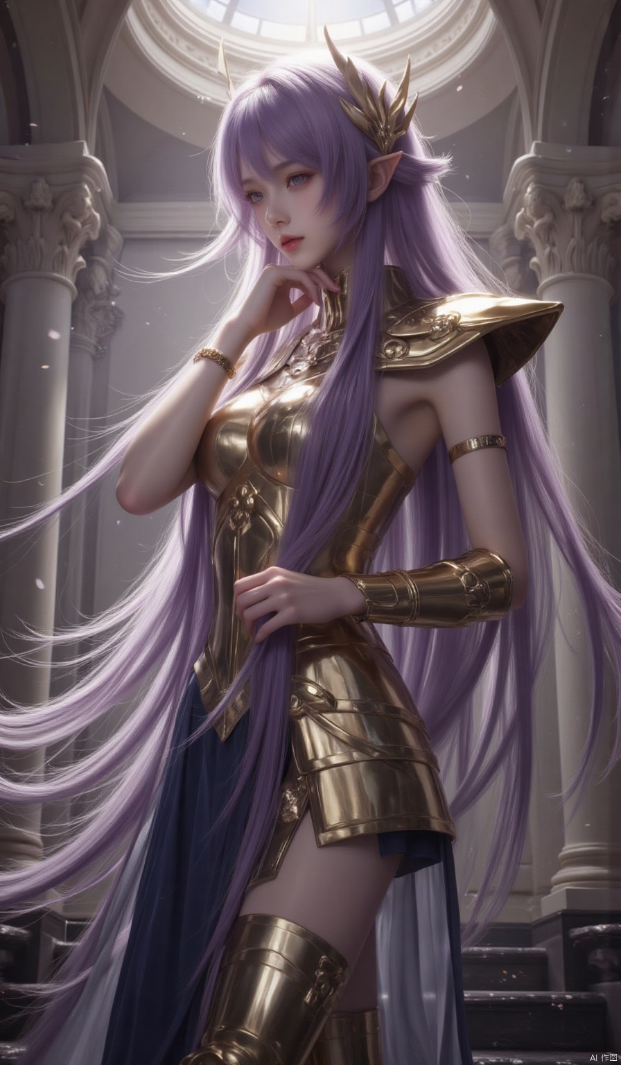 1girl, long hair, breasts, bangs, hair ornament,Short skirt, jewelry, medium breasts, very long hair, purple hair, sleeveless, indoors, armor, bracelet, profile, shoulder armor, light particles, long dress, pillar, gold, laurel crown,thighs