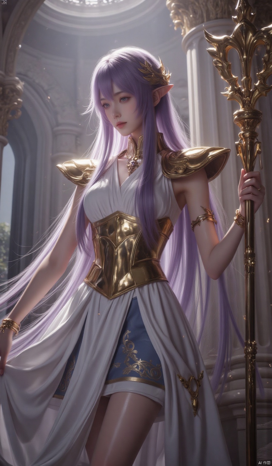1girl, long hair, breasts, bangs, hair ornament,Short skirt, jewelry, medium breasts, very long hair, purple hair, sleeveless, indoors, armor, bracelet, profile, shoulder armor, light particles, long dress, pillar, gold, laurel crown,thighs