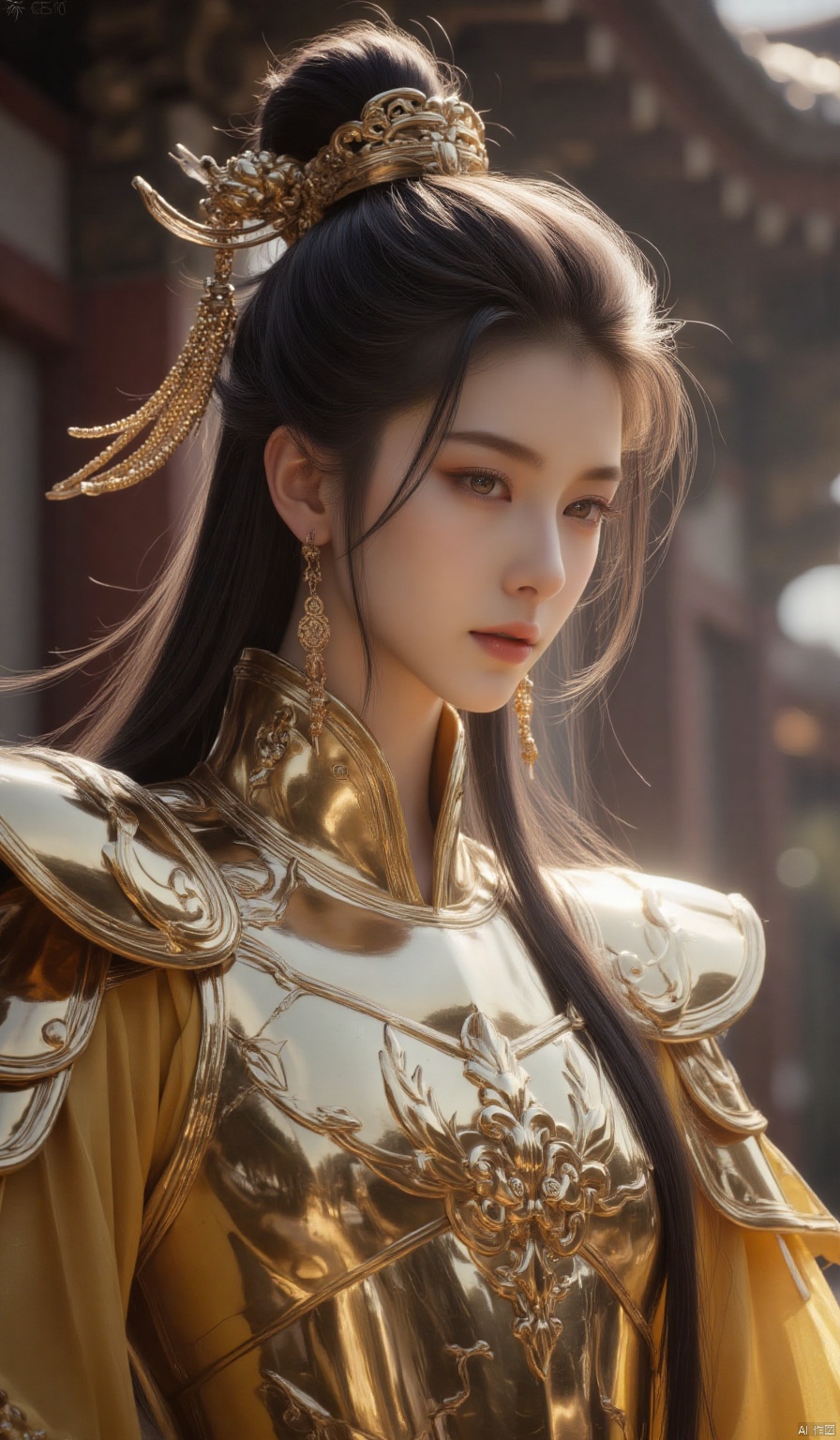 1women,golden armor,chinese,from side