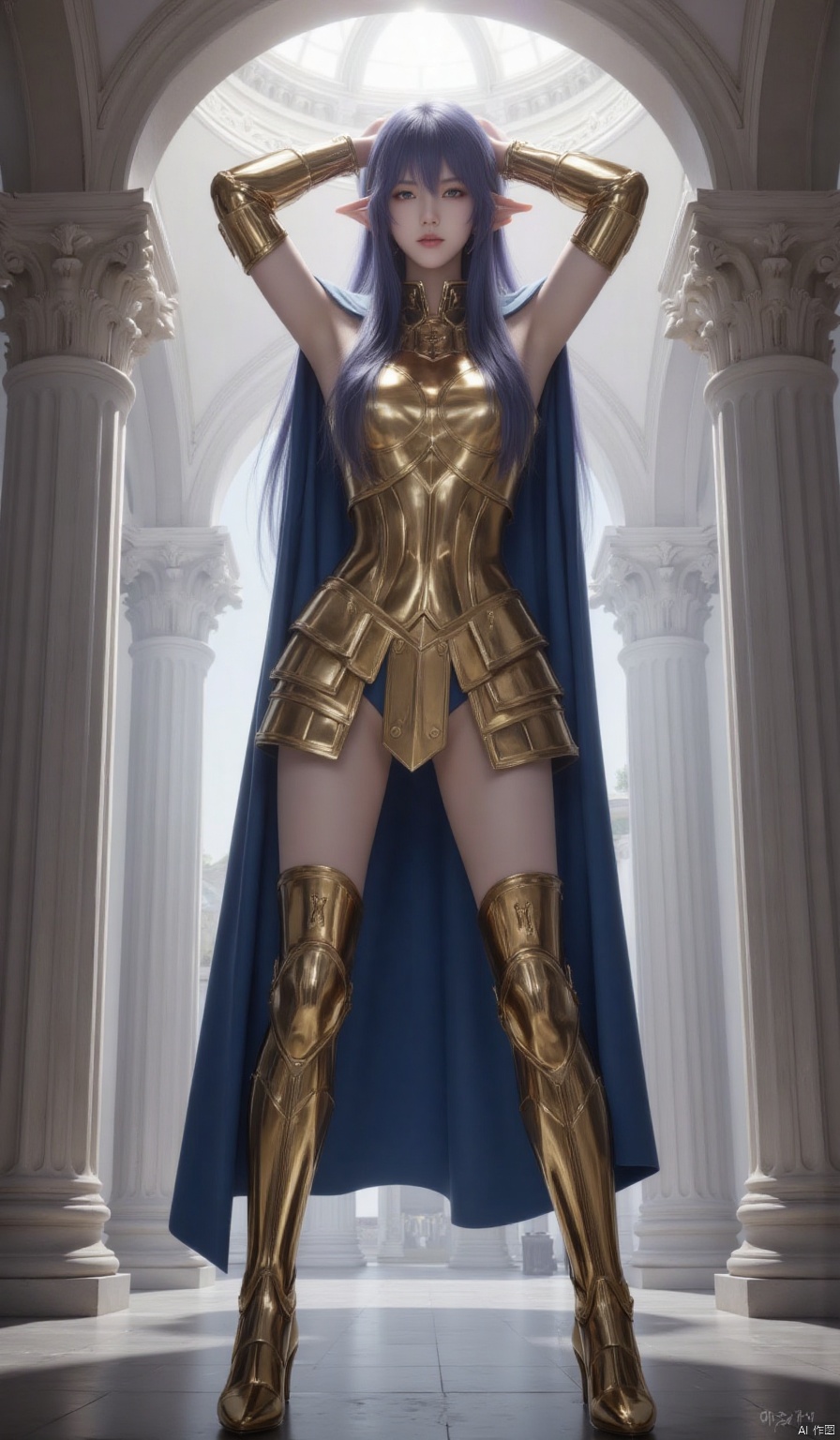1girl, solo, long hair, looking at viewer, blue hair, standing, full body, boots, indoors, armpits, cape, armor, arms up, armored boots, greaves, blue cape, pillar, gold armor