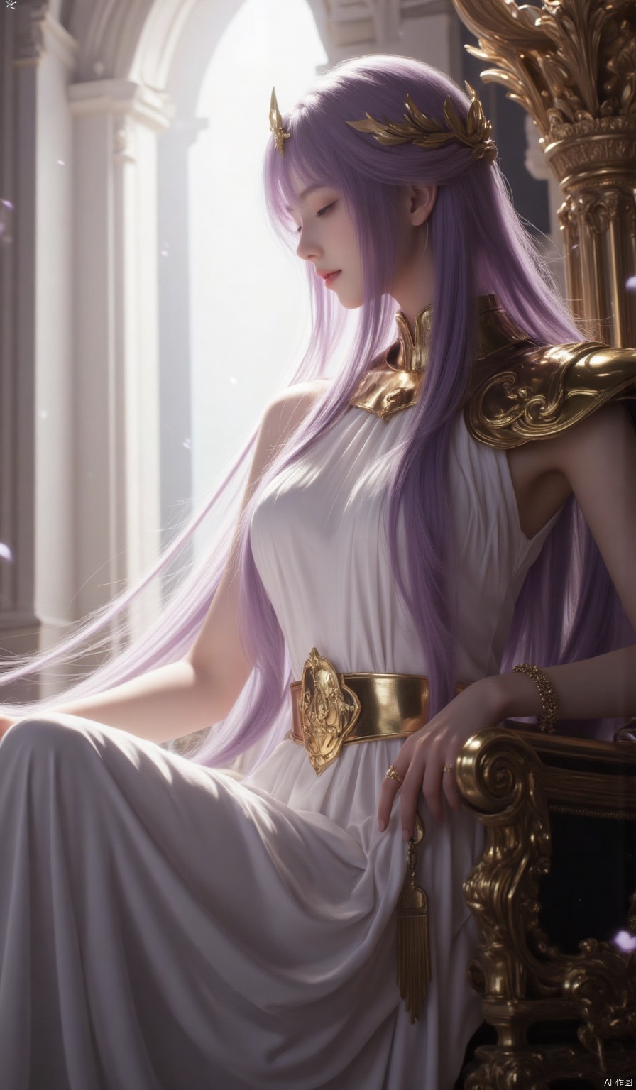 1girl, solo, long hair, breasts, bangs, hair ornament, dress, jewelry, medium breasts, sitting, very long hair, closed mouth, closed eyes, purple hair, sleeveless, indoors, white dress, armor, bracelet, from side, profile, shoulder armor, light particles, long dress, pillar, gold, laurel crown