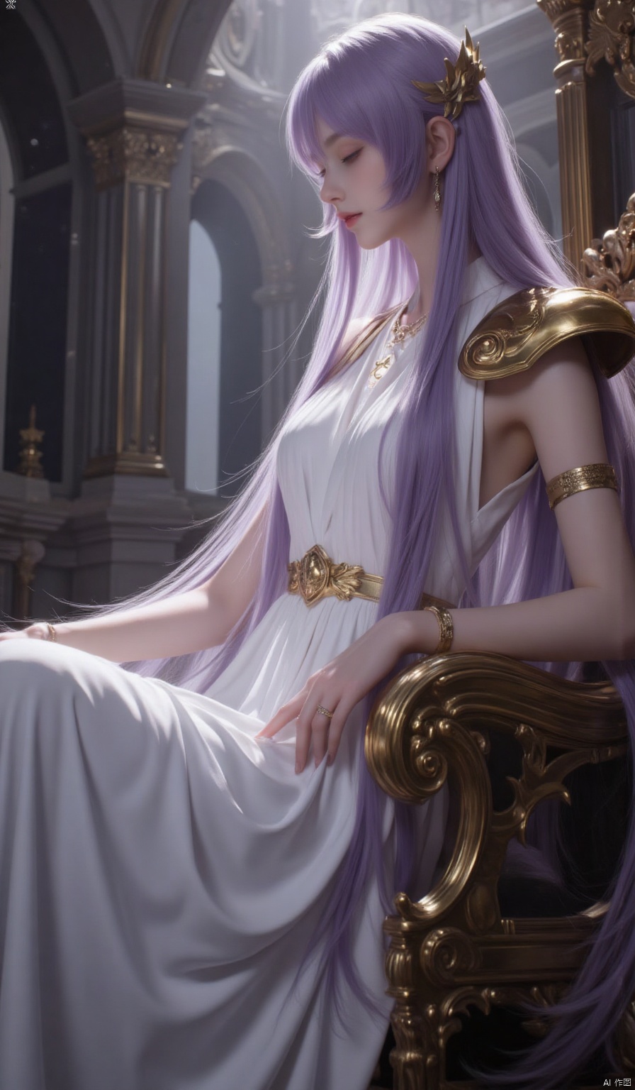 1girl, solo, long hair, breasts, bangs, hair ornament, dress, jewelry, medium breasts, sitting, very long hair, closed mouth, closed eyes, purple hair, sleeveless, indoors, white dress, armor, bracelet, from side, profile, shoulder armor, light particles, long dress, pillar, gold, laurel crown