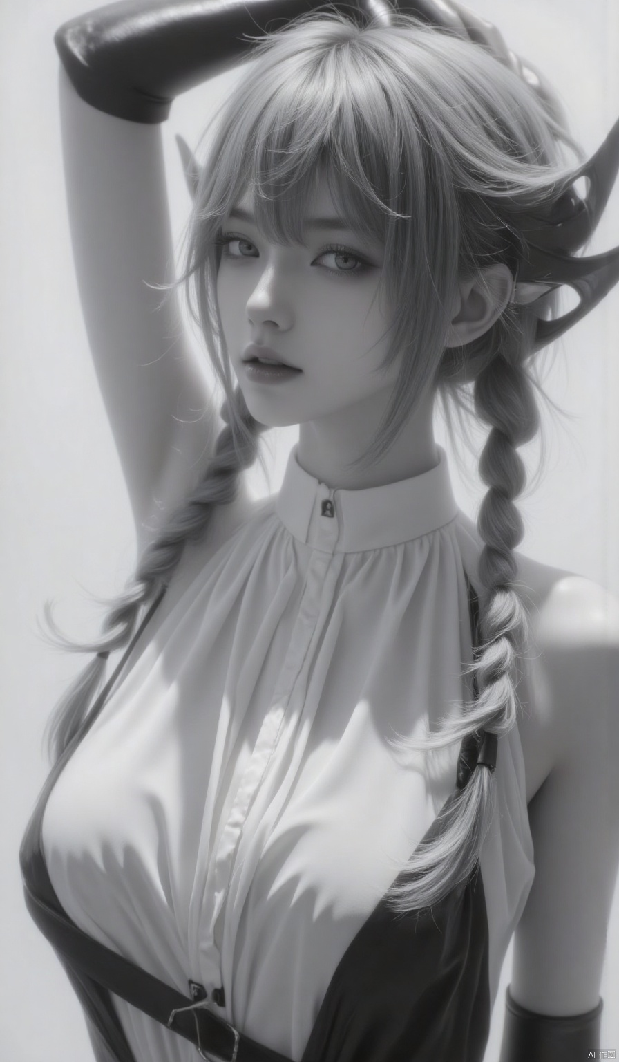 1girl, solo, long hair, breasts, looking at viewer, bangs, gloves, dress, bare shoulders, monochrome, upper body, braid, greyscale, parted lips, sleeveless, elbow gloves, blurry, arm up, twin braids, lips