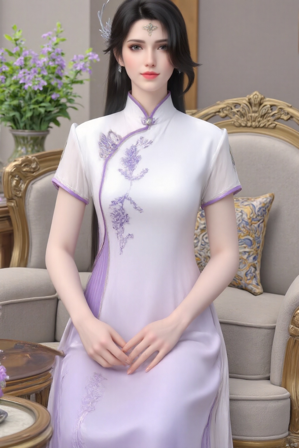 (masterpiece, best quality:1.4),finely detailed,1girl, solo, long hair, looking at viewer, black hair, hair ornament,(Summer Improved Cheongsam:1.3), white|purple dress, sitting on the couch, indoor,living room,coffee table,flowers,couch,plant,short sleeves,Chinese clothes,XuanYi