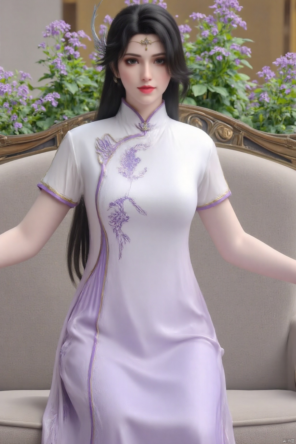 (masterpiece, best quality:1.4),finely detailed,1girl, solo, long hair, looking at viewer, black hair, hair ornament,(Summer Improved Cheongsam:1.3), white|purple dress, sitting on the couch, indoor,living room,coffee table,flowers,couch,plant,short sleeves,Chinese clothes,XuanYi