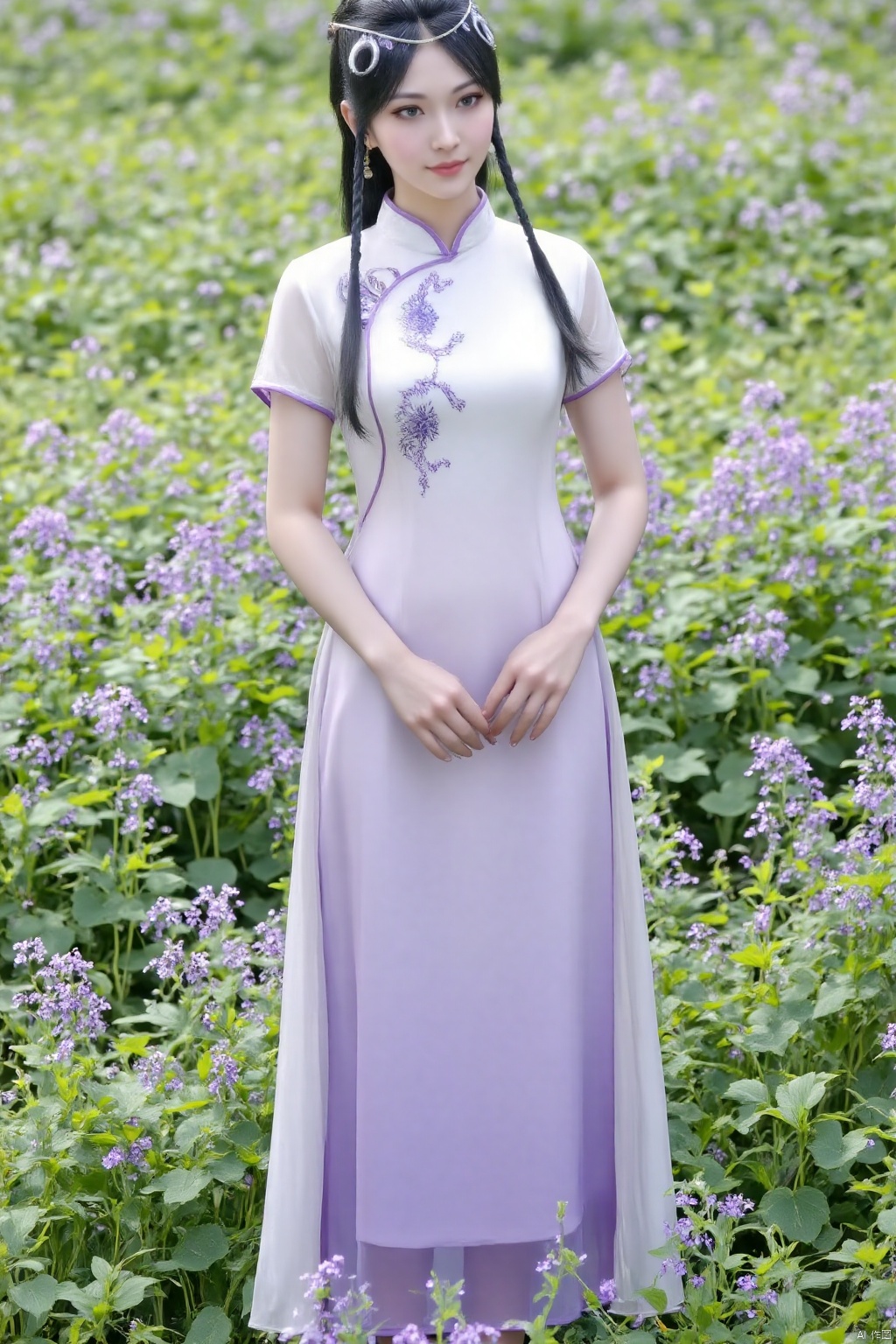 (masterpiece, best quality:1.4),finely detailed,1girl, solo, long hair, looking at viewer, black hair, hair ornament,braids, thighhighs, (Summer Improved Cheongsam:1.3), white|purple dress, standing on the grass, outdoor,park,grass,flowers,butterfly,short sleeves,Chinese clothes,AL