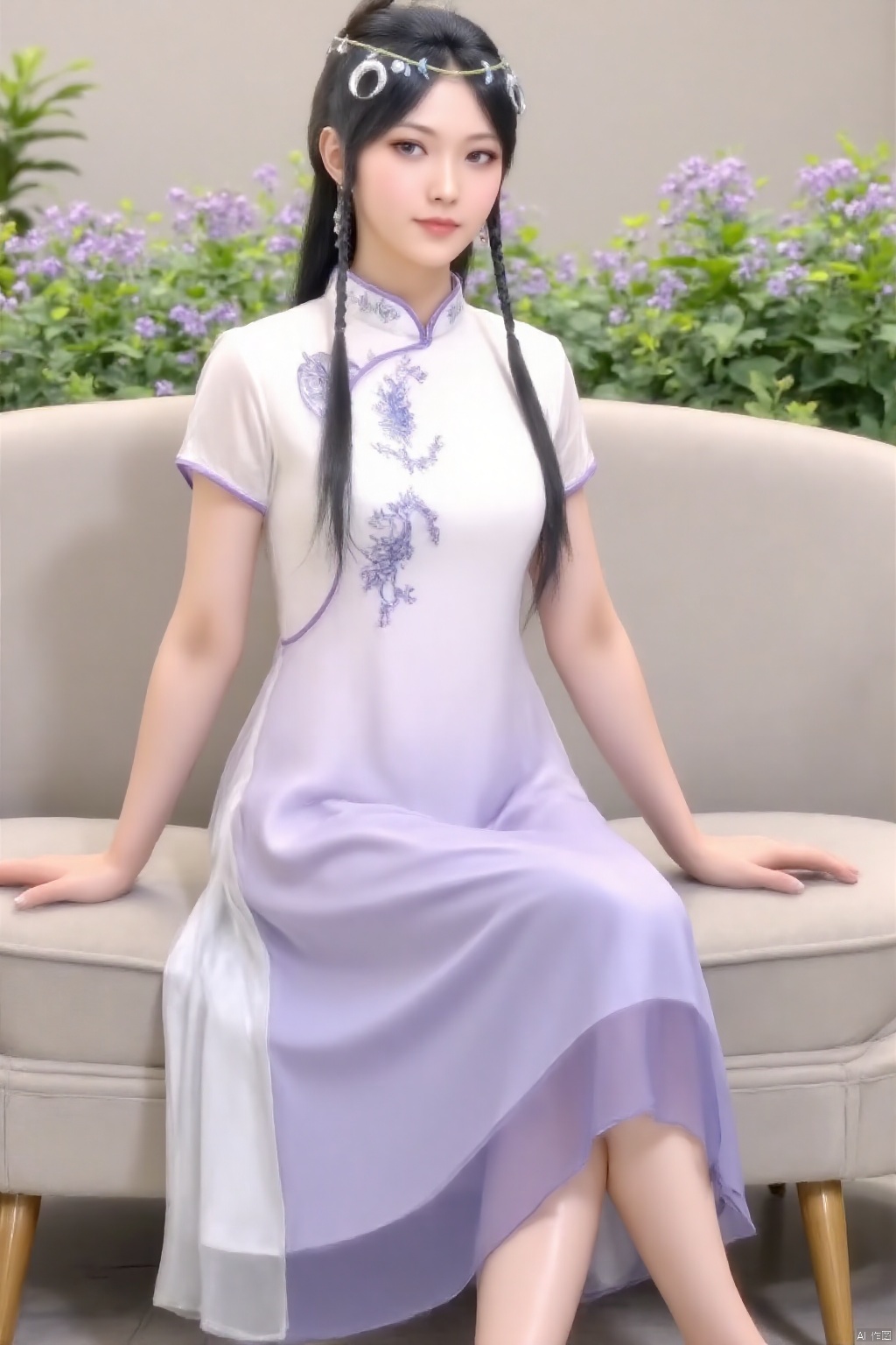 (masterpiece, best quality:1.4),finely detailed,1girl, solo, long hair, looking at viewer, black hair, hair ornament,braids, thighhighs, (Summer Improved Cheongsam:1.3), white|purple dress, sitting on the couch, indoor,living room,coffee table,flowers,couch,plant,short sleeves,Chinese clothes,AL