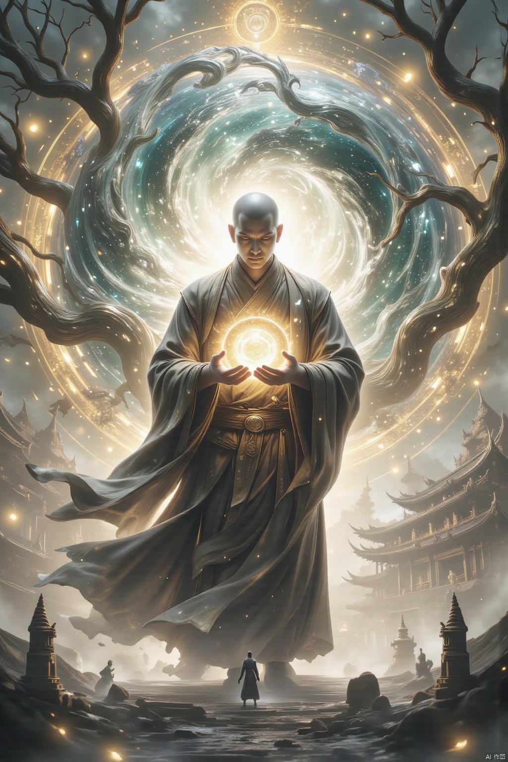 (best quality), ultra-detailed, A serene monk stands amidst a battlefield, robe fluttering in the wind, as he harnesses internal energy. Hands rise, palms facing each other, gathering qi from heaven and earth. Airflow surges, forming a vortex around a page of books, growing stronger with every passing moment. The palm of the book suddenly pushes forward, releasing a powerful air pressure like a thousand pounds of force, creating a visible air billow that sweeps away at the enemy. The surrounding environment is devastated, with no enemy spared from the destructive force. The scene is breathtaking, with cracks in the ground, broken trees, and collapsing buildings under the might of A Pneumatic Mountain and River. The monk's eyes are firm and deep, reflecting his unwavering spirit and strength, as a manifestation of the right path.