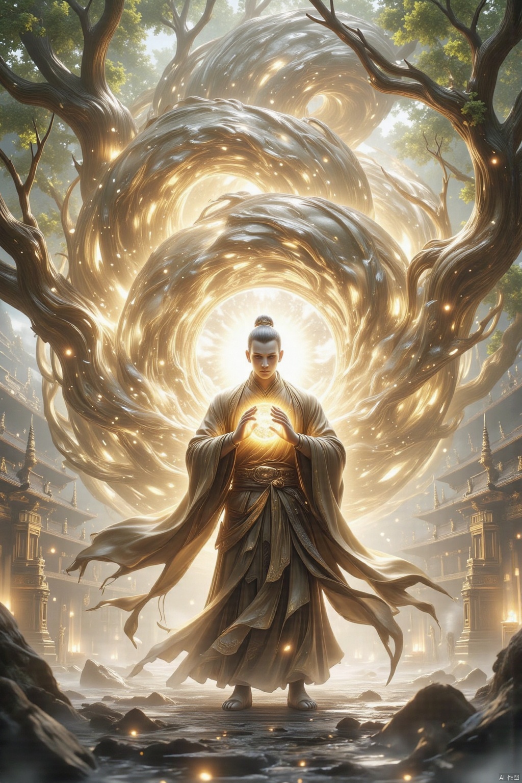 (best quality), ultra-detailed, A serene monk stands amidst a battlefield, robe fluttering in the wind, as he harnesses internal energy. Hands rise, palms facing each other, gathering qi from heaven and earth. Airflow surges, forming a vortex around a page of books, growing stronger with every passing moment. The palm of the book suddenly pushes forward, releasing a powerful air pressure like a thousand pounds of force, creating a visible air billow that sweeps away at the enemy. The surrounding environment is devastated, with no enemy spared from the destructive force. The scene is breathtaking, with cracks in the ground, broken trees, and collapsing buildings under the might of A Pneumatic Mountain and River. The monk's eyes are firm and deep, reflecting his unwavering spirit and strength, as a manifestation of the right path.
