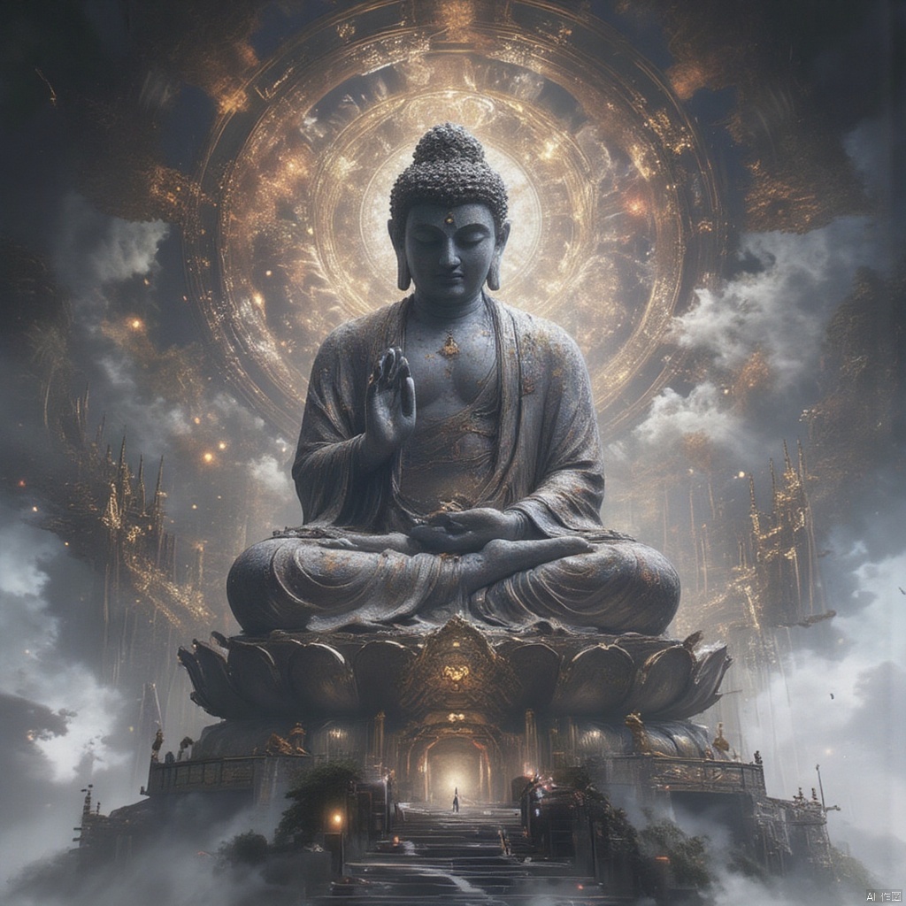 (best quality), ultra-detailed, (masterpiece), finely detail, highres, 8k wallpaper,(a 10,000-meter-high stone Buddha standing in the sky), sitting on the earth, ((head above the clouds), (lower body below the clouds), (wearing a mask :1.5), (standing in front of more than 10,000 burning incense), incense 2 meters thick, 3 kilometers to 8 height, incense, each incense written on the curve of wealth, (The incense smoke rises and gathers into the clouds to form thick black clouds), a 20-meter kite floats above the clouds, and a burning incense stick is attached to the kite, (a group of modern buildings stands at the bottom of the picture), (Wands) incense :1.5, (((close your eyes))),anhei